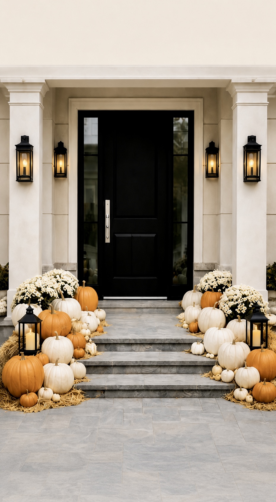 Cream columned porch with black door, white mums, and orange and white pumpkins on straw with lanterns