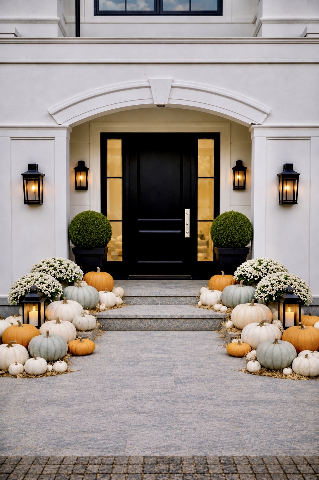 White home with black door, boxwood topiaries, white mums, and orange, white, and blue pumpkins
