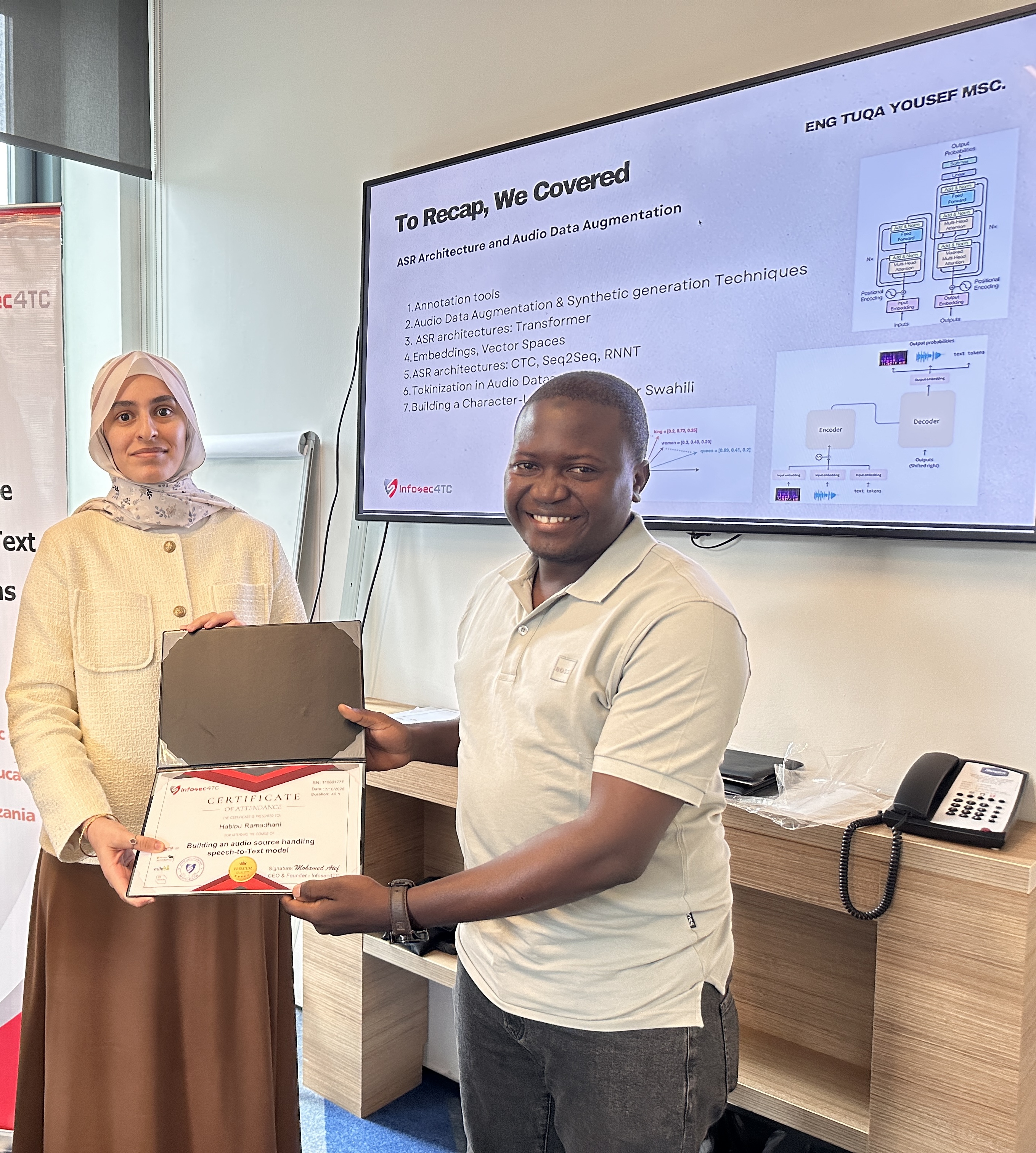 Certificate handover after ASR Architecture and Audio Data Augmentation training in Tanzania