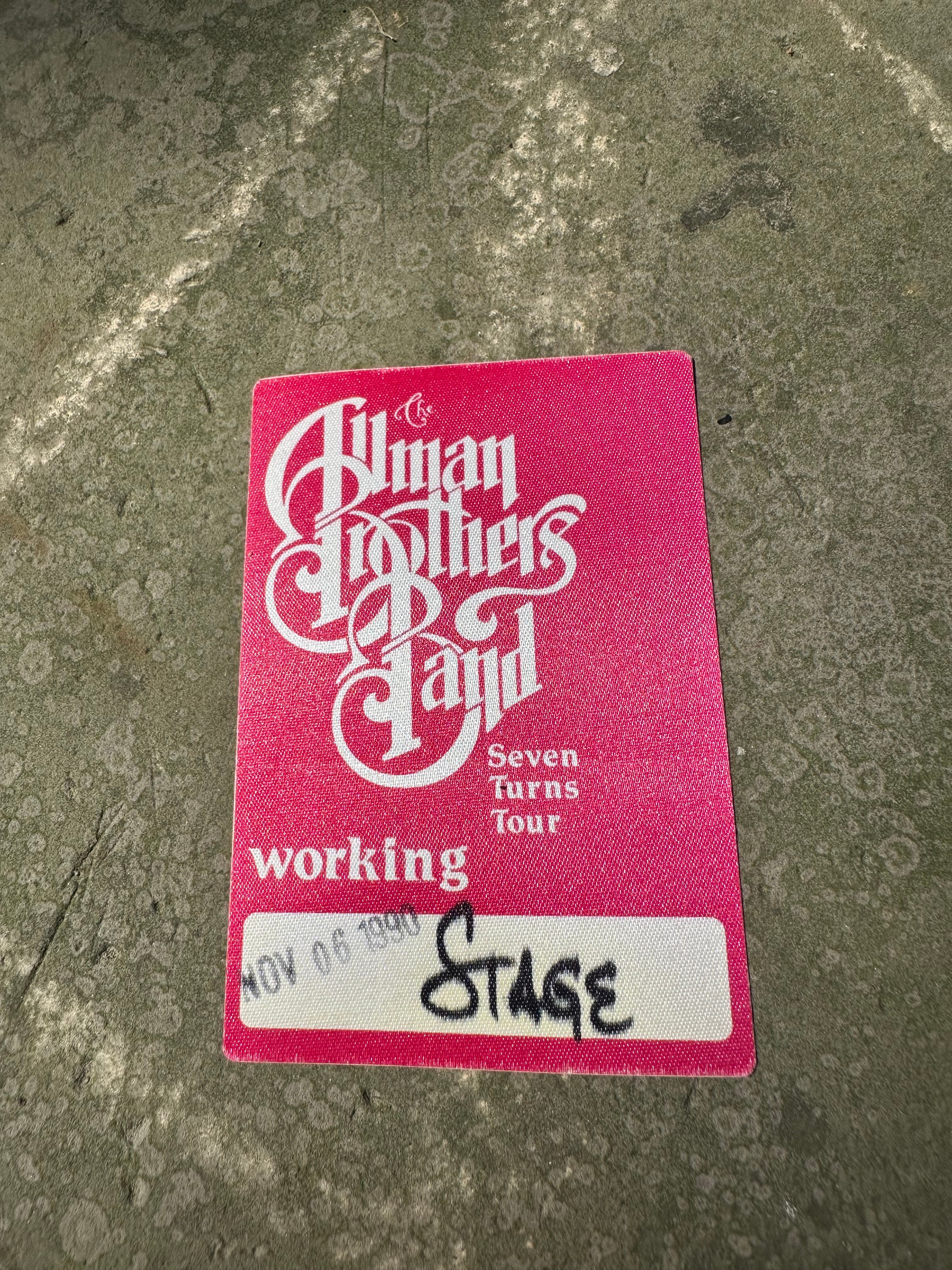 The Allman Brothers Band "Seven Turns Tour" Stage Pass – November 6, 1990