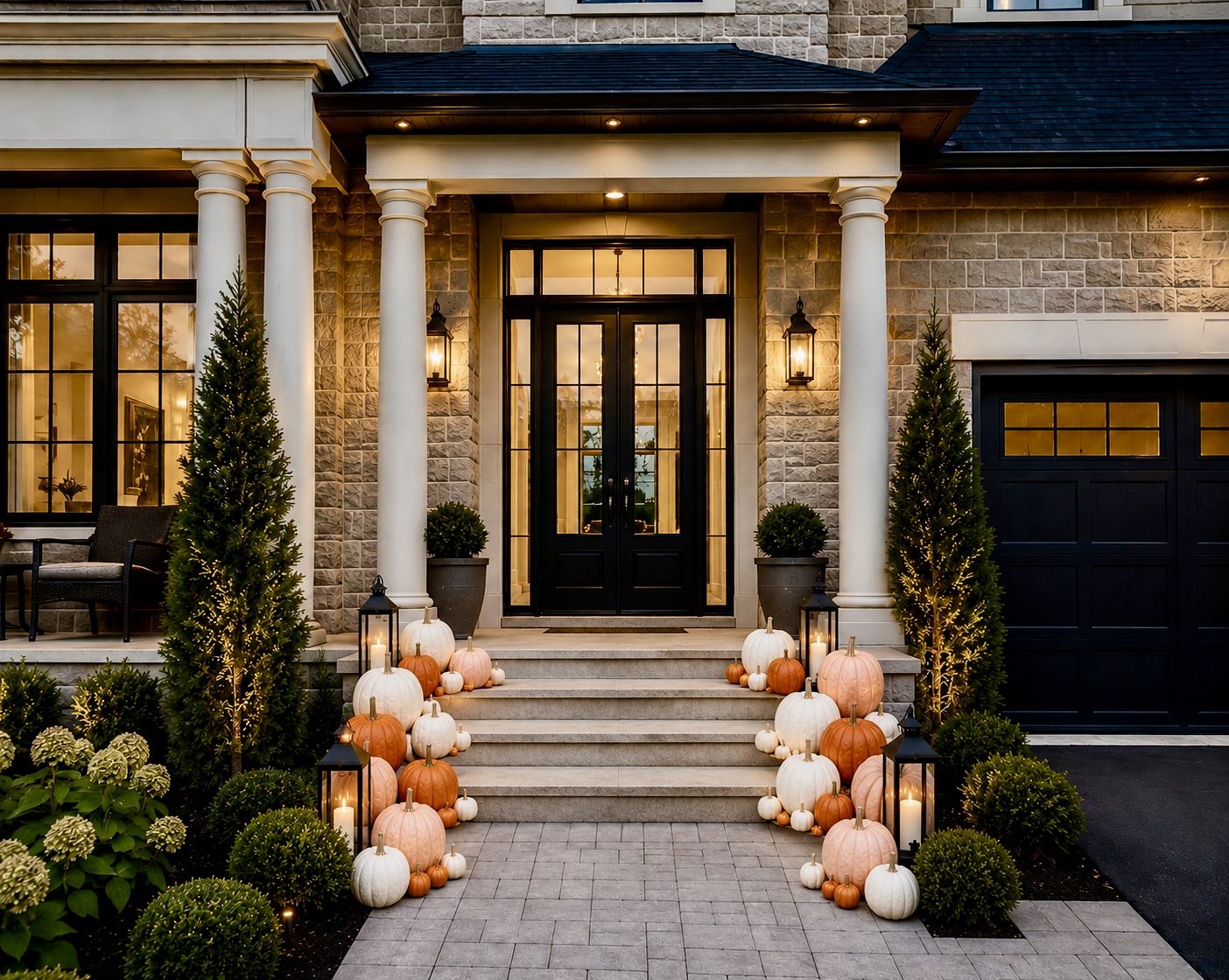 Stone columned home with black glass door, slim evergreens, and blush, white, and orange pumpkins