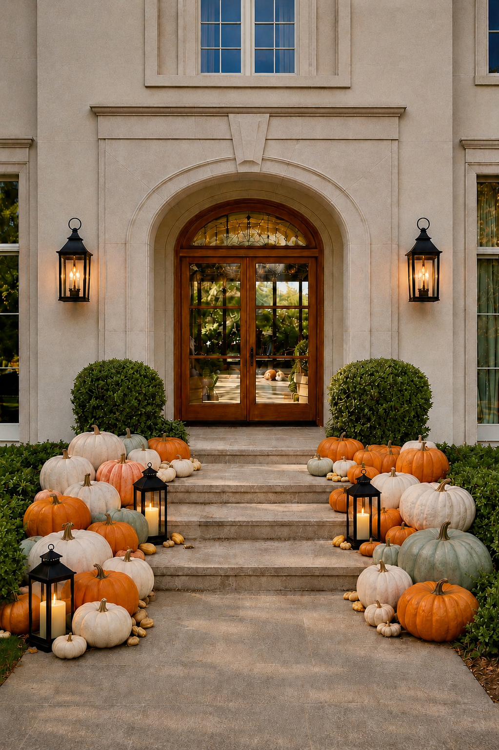 French-style mansion at dusk with arched wooden doors and cascading pumpkins