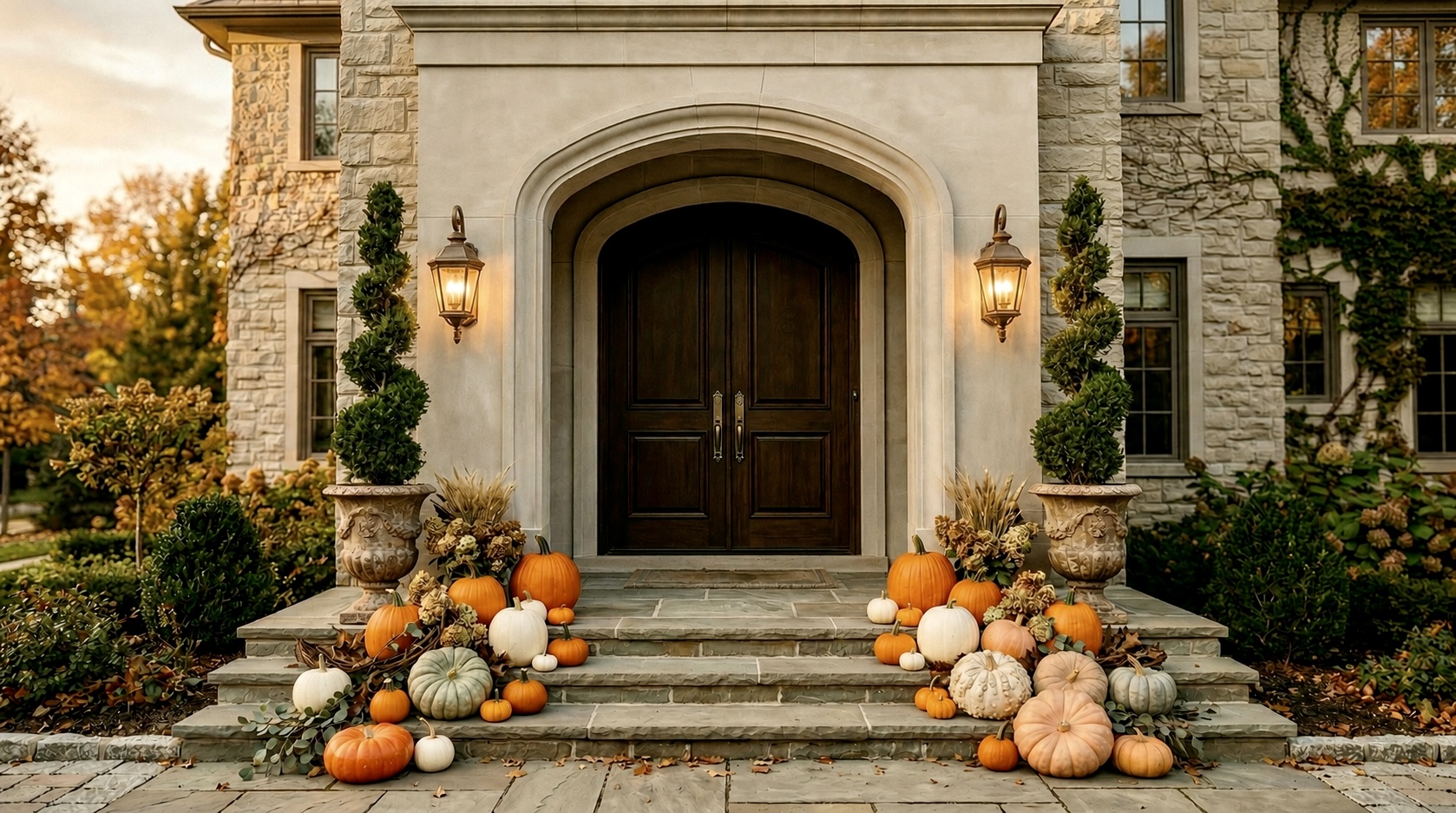 Stone mansion with arched wooden doors and cascading pumpkins on steps
