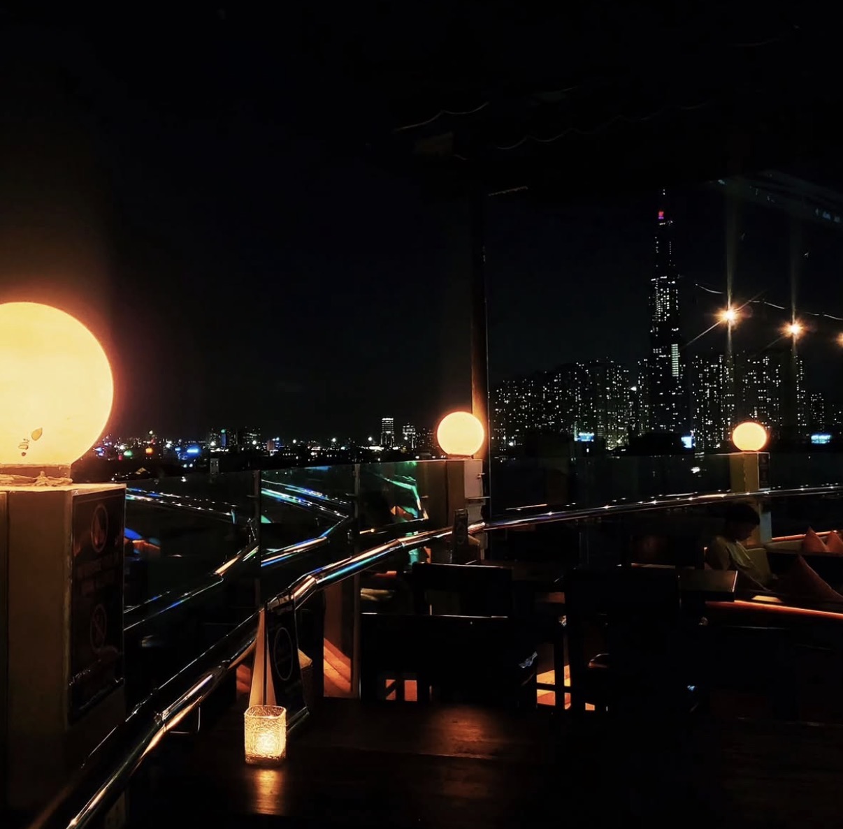 Rooftop bar at night overlooking a glowing city skyline