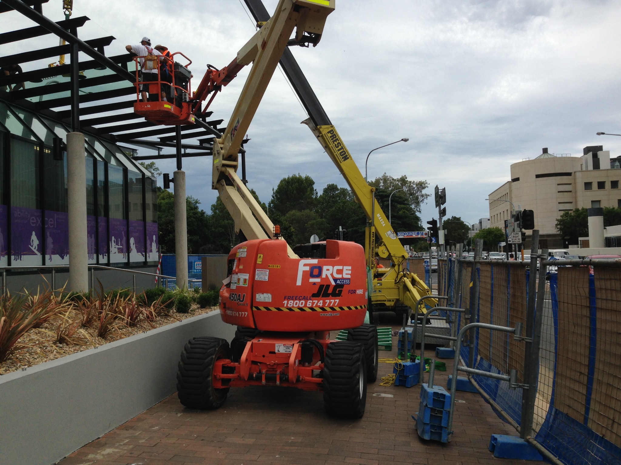 Commercial canopy steel frame during installation