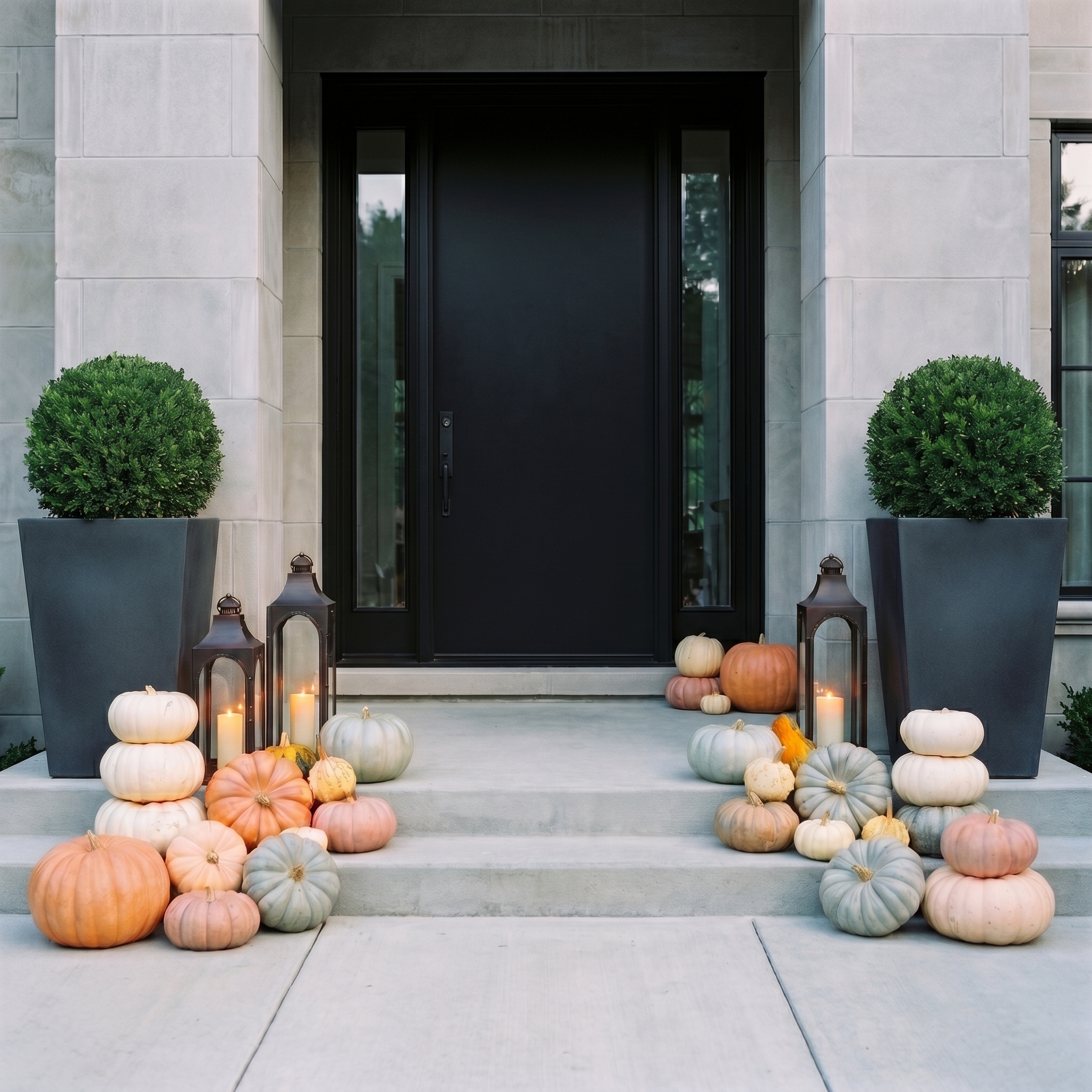 Modern contemporary limestone entrance with black door and pastel pumpkin display