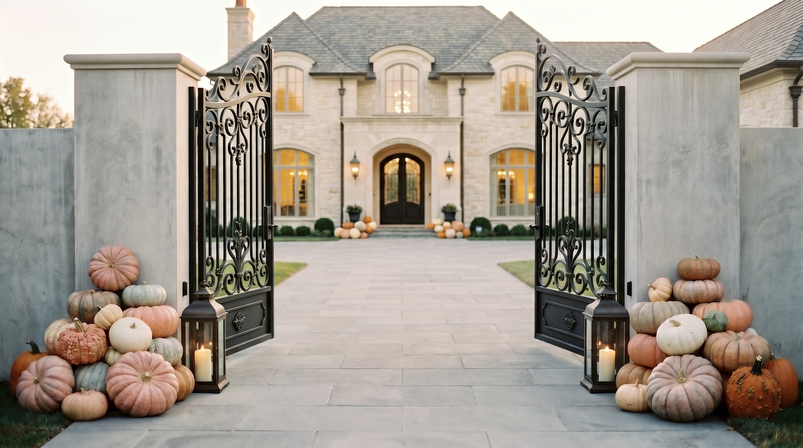 French chateau limestone mansion with ornate iron gates and pastel pumpkin display
