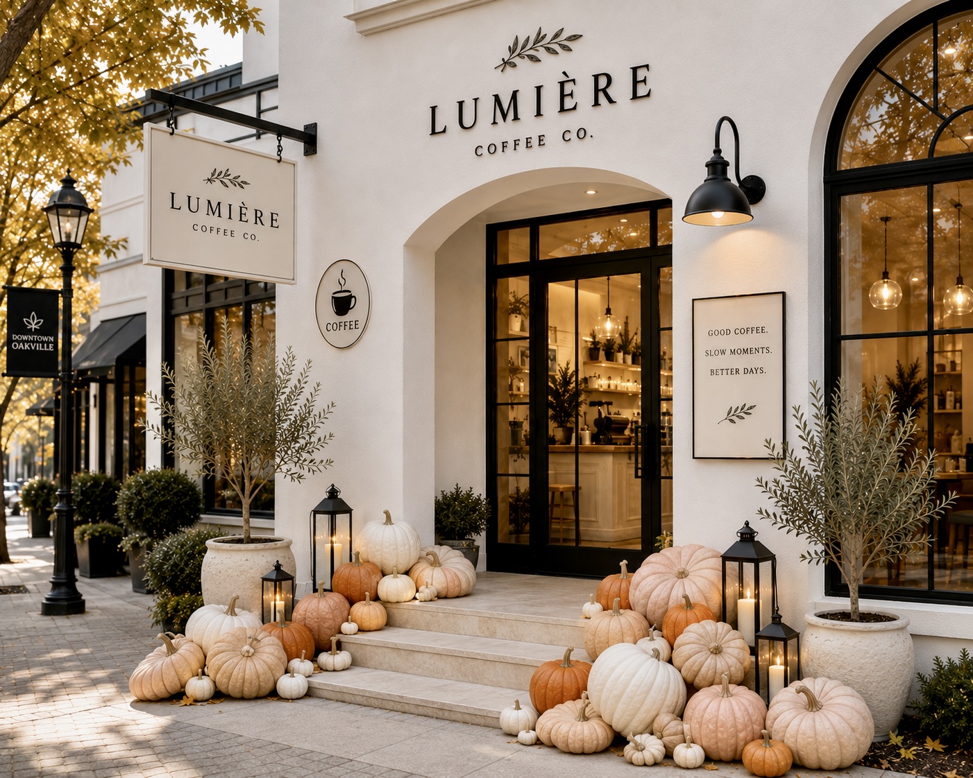 Lumiere Coffee Co storefront with olive trees and soft pastel pumpkin display