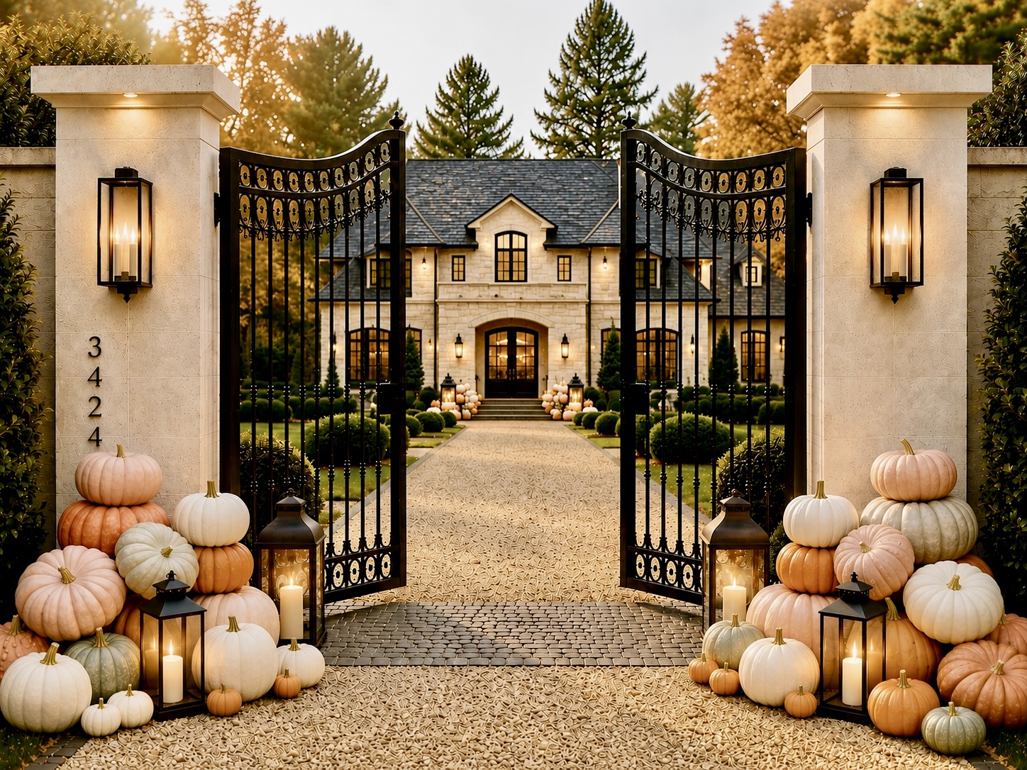 Grand estate with open wrought-iron gates, limestone pillars with lanterns, and pastel pumpkin display