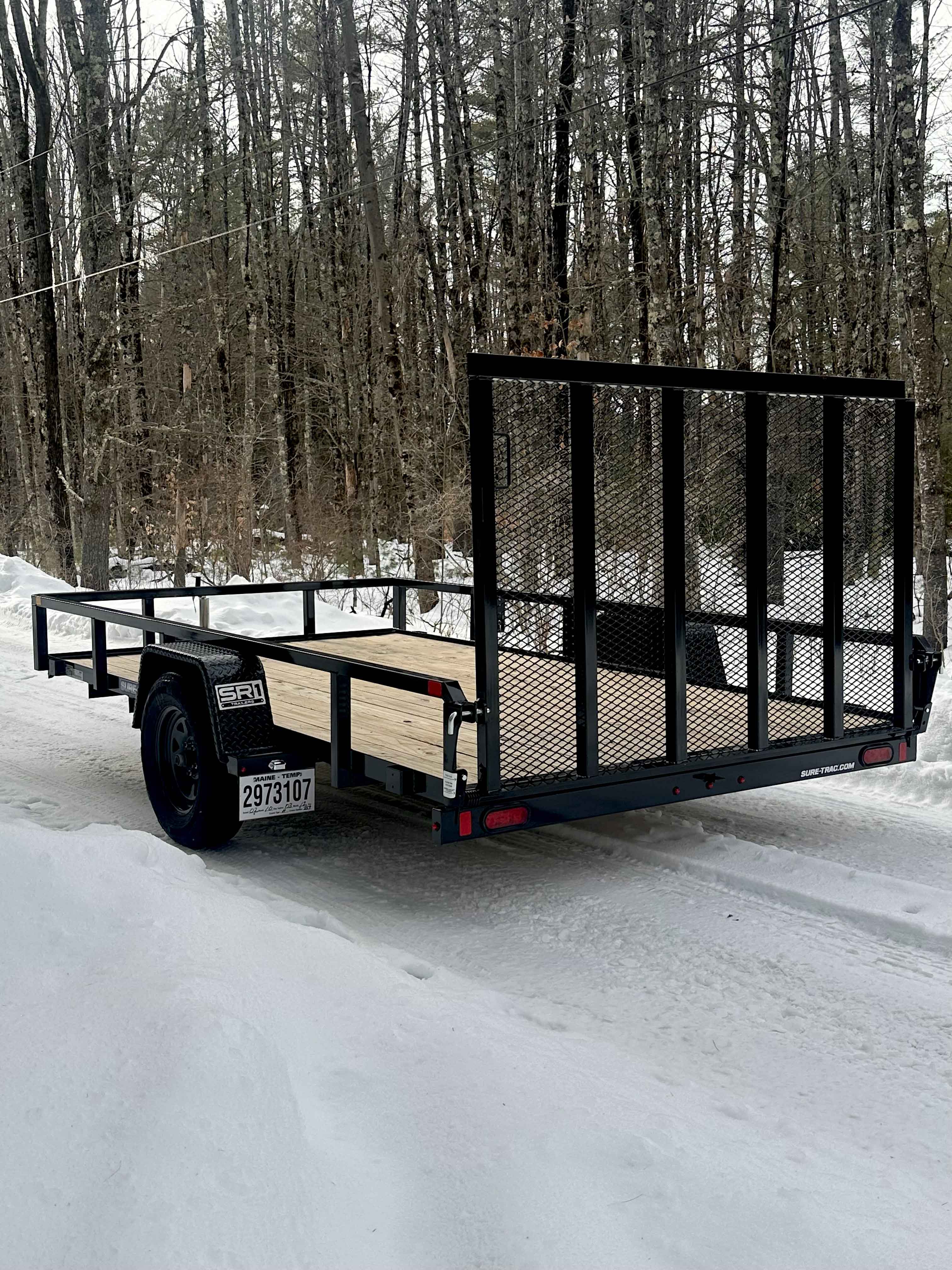 12ft Sure-Trec Utility Trailer - rear view showing mesh gate and SR1 badge