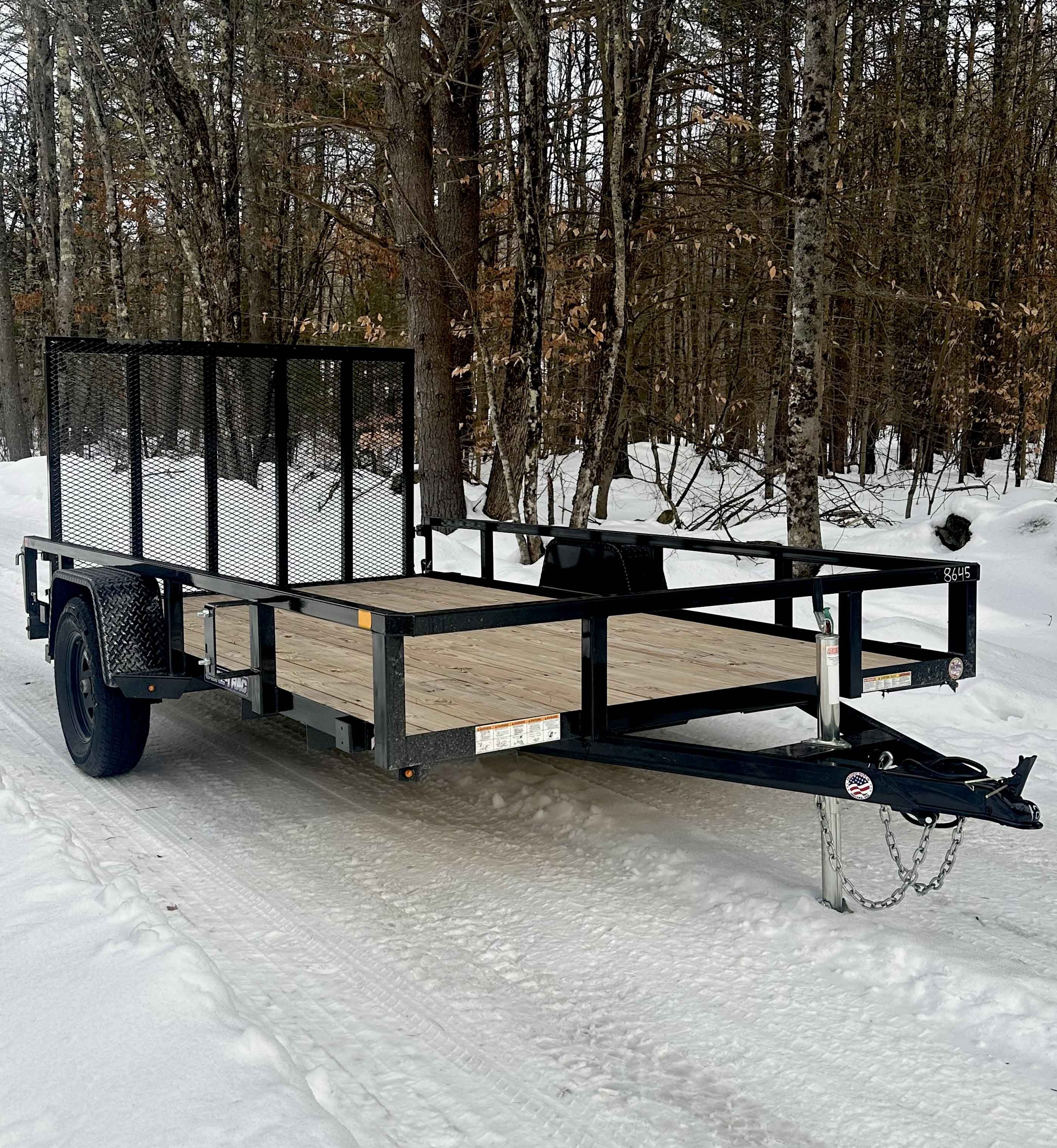 12ft Sure-Trec Utility Trailer - front angle showing tongue and side rails