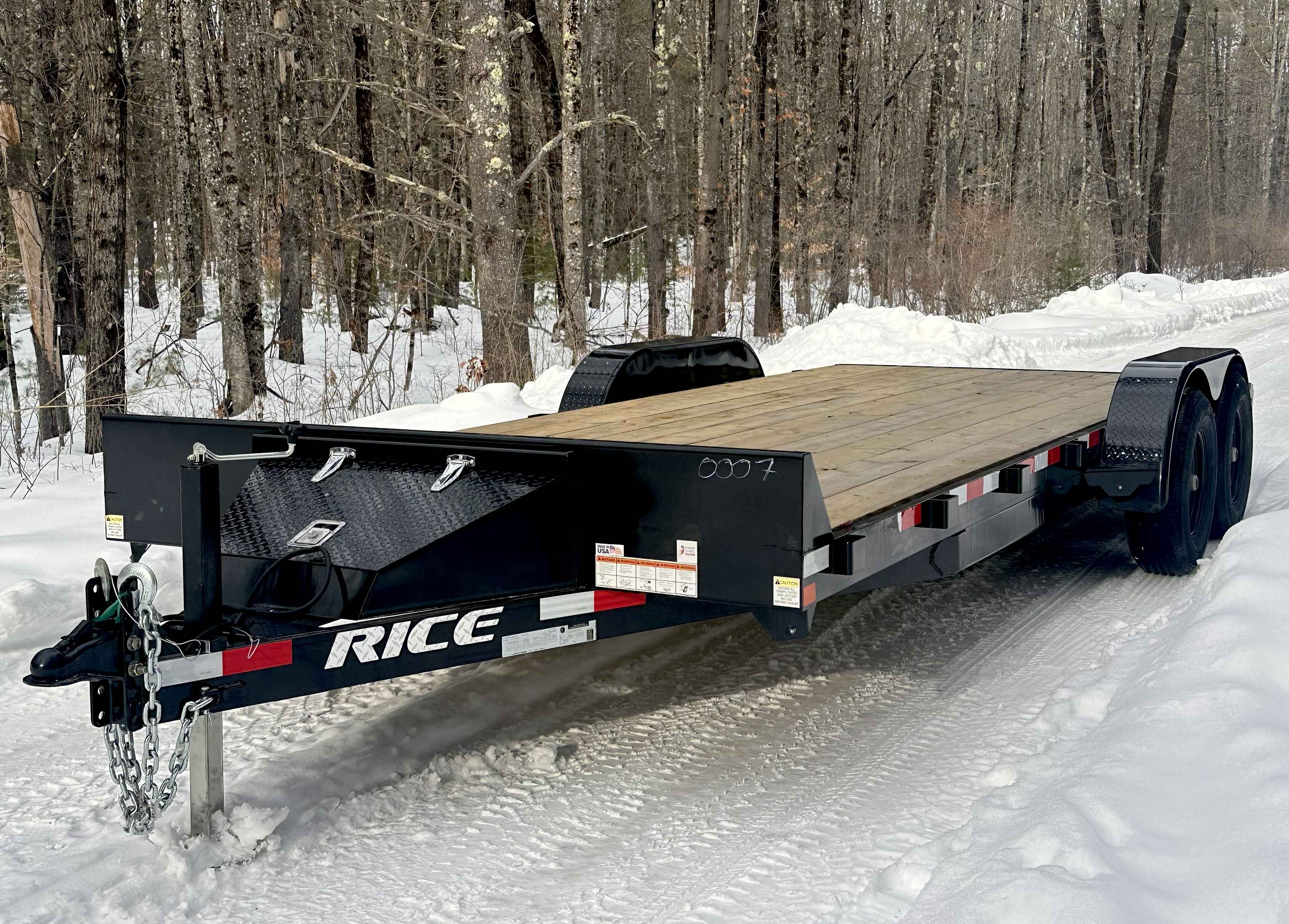 20ft Rice Car Hauler Flatbed Trailer - front angle with winch and tongue