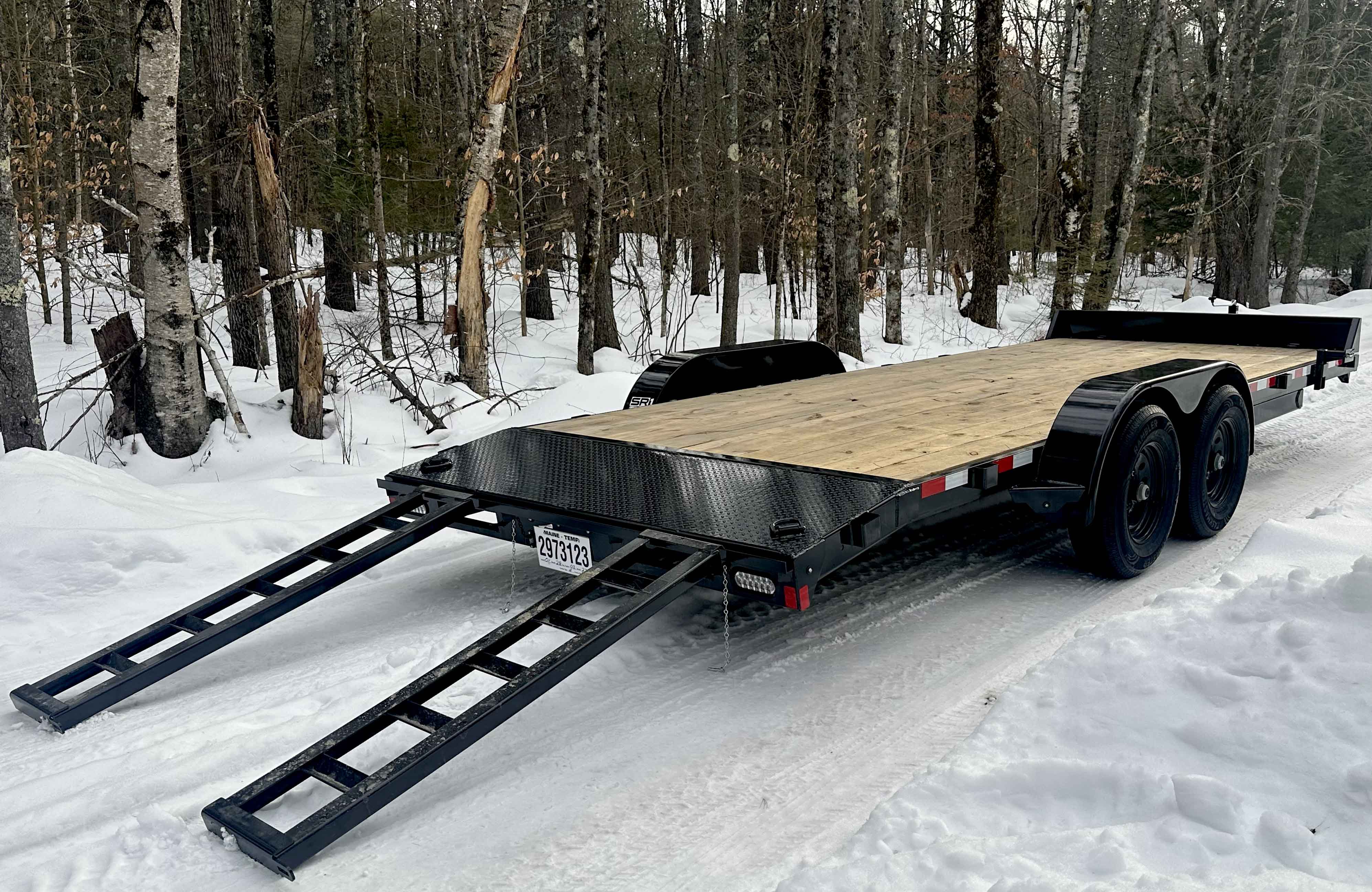 20ft Rice Car Hauler Flatbed Trailer - rear view with loading ramps down
