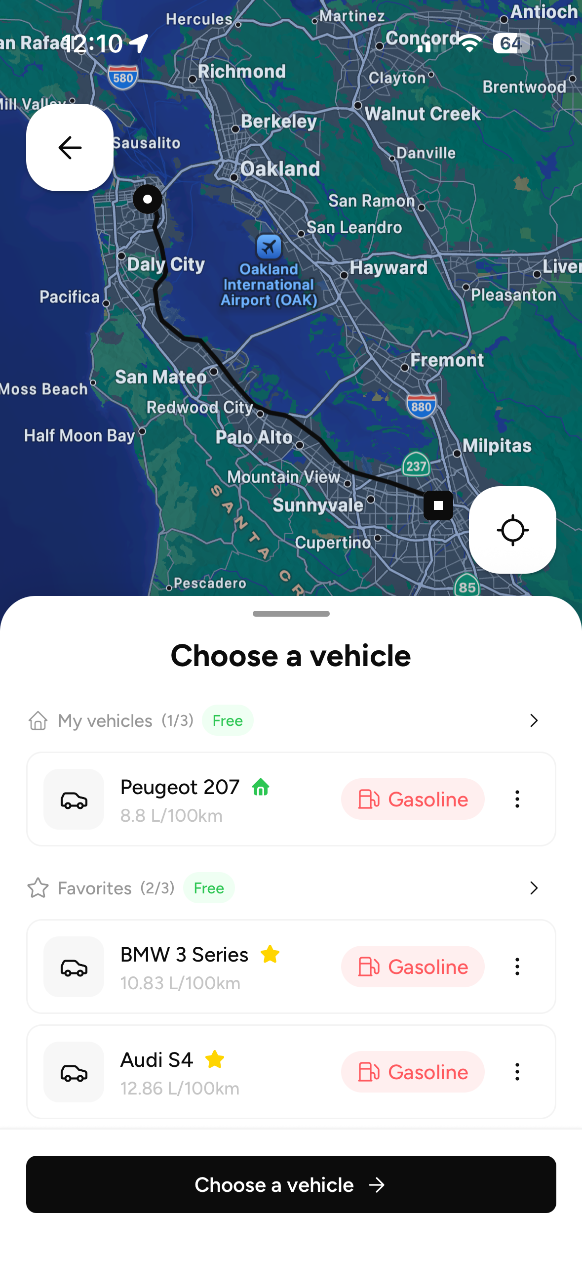 GasSplit - Choose a vehicle screen