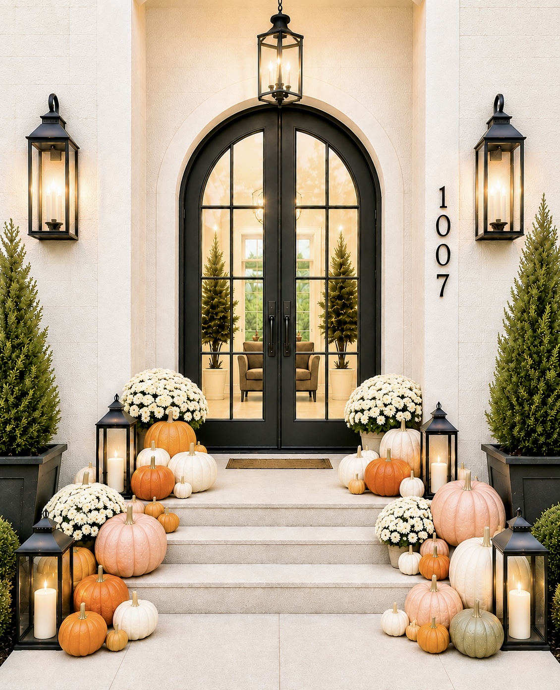 White home with arched black glass door numbered 1007, topiaries, white mums, and orange, white, and pastel pumpkins with lanterns