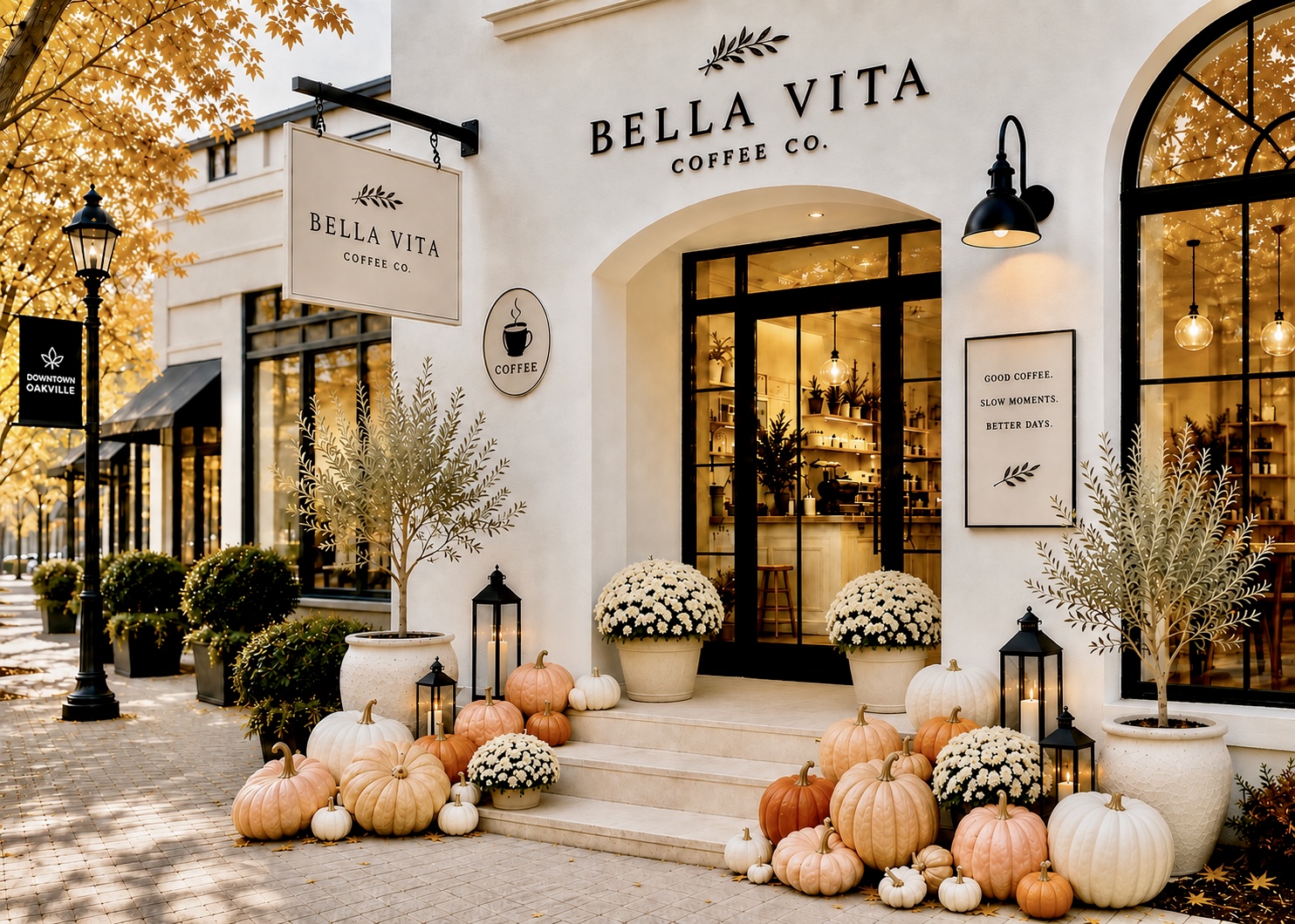 Bella Vita Coffee Co storefront in downtown Oakville with olive trees, white mums, and a soft pastel pumpkin display