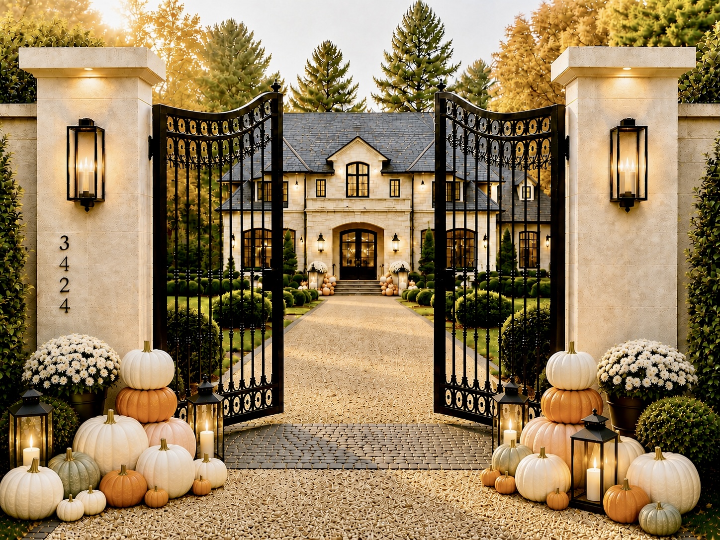 Grand limestone estate behind open wrought-iron gates and stone pillars with lanterns, framed by stacked white, orange, and sage pumpkins, white mums, and candle lanterns