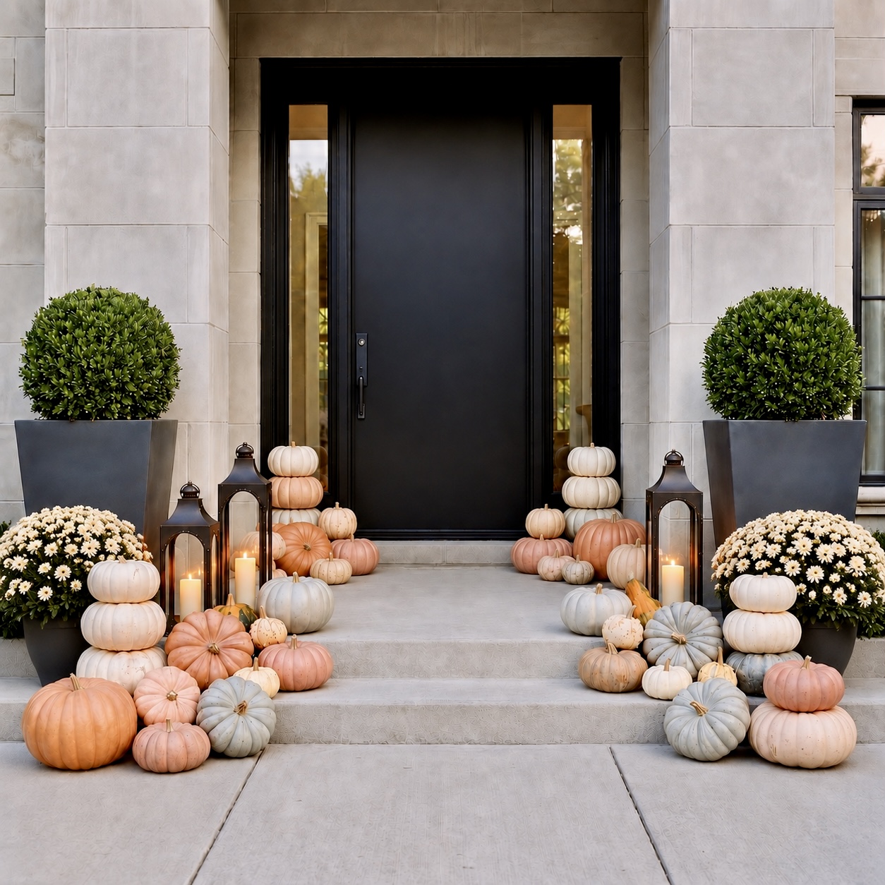 Modern contemporary limestone entrance with black door and pastel pumpkin display