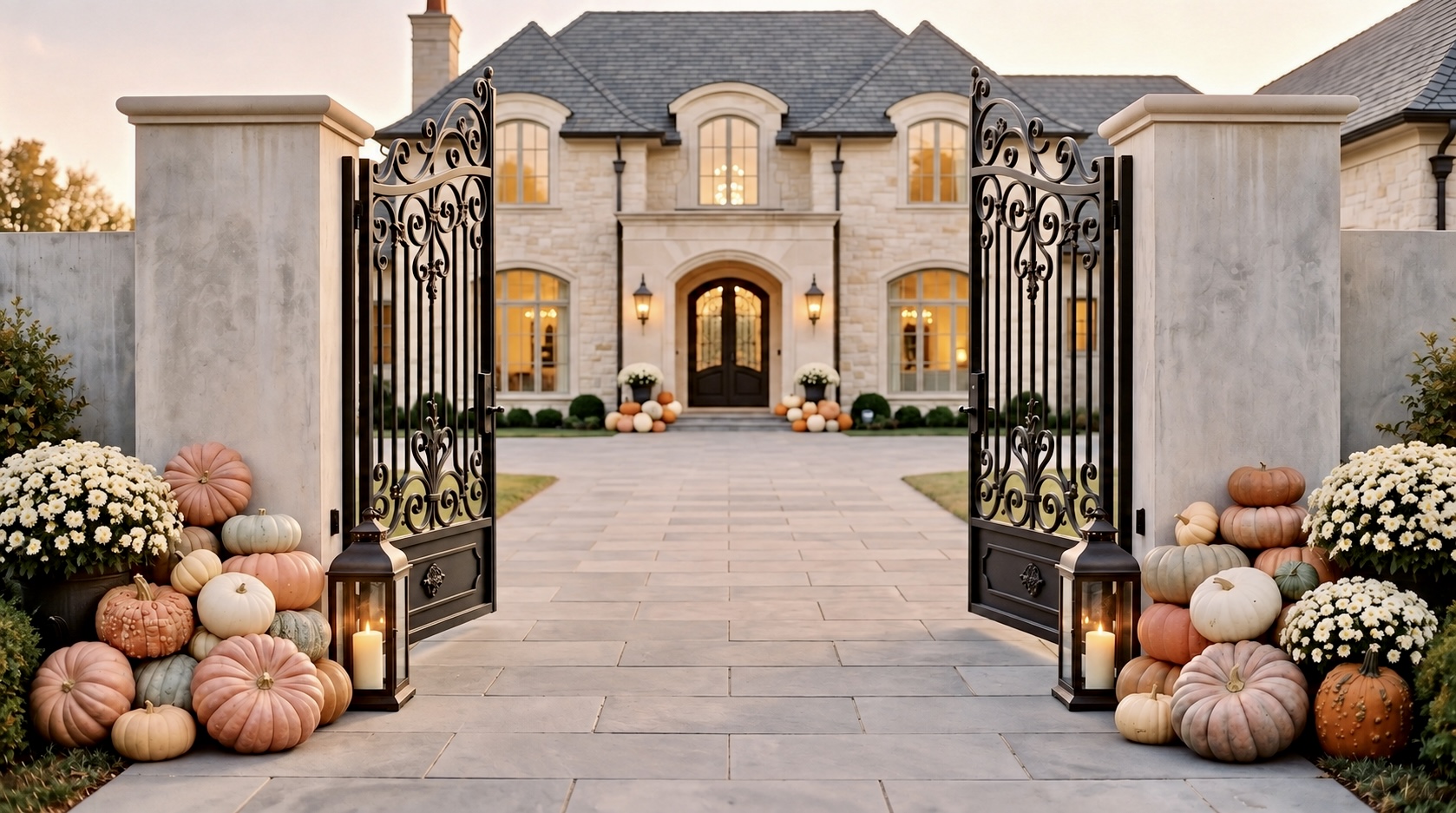 French chateau limestone mansion with ornate iron gates, white mums, and pastel heirloom pumpkin display