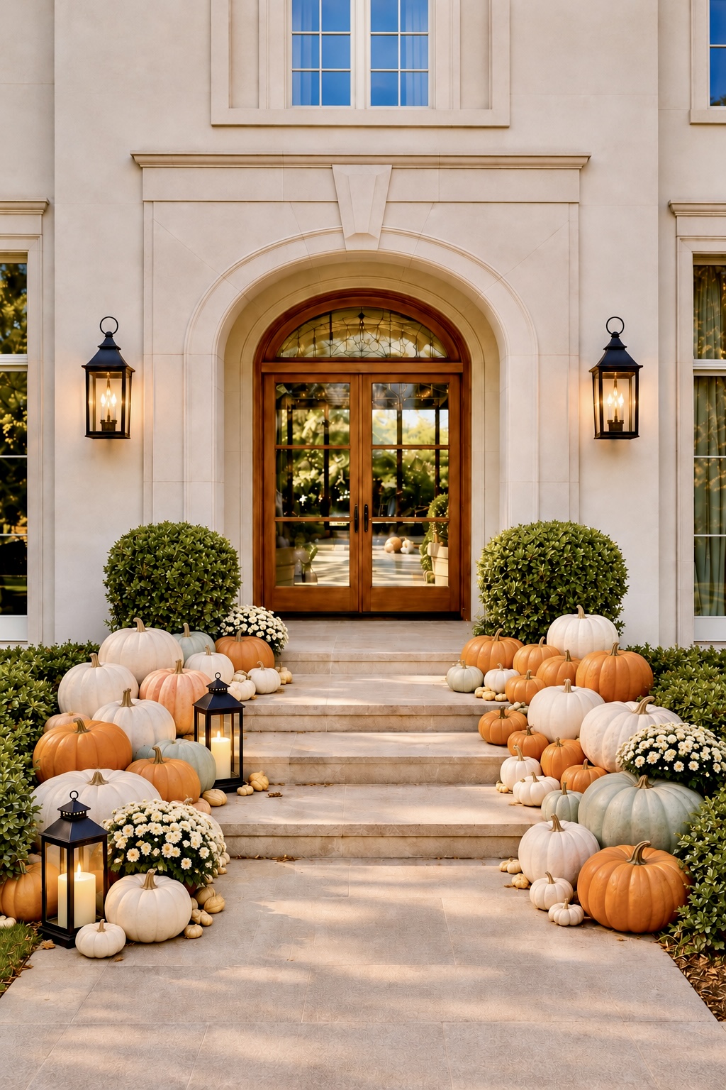 Cream stone home with an arched wood-and-glass door, boxwood topiaries, white mums, candle lanterns, and orange, white, and pastel pumpkins on stone steps