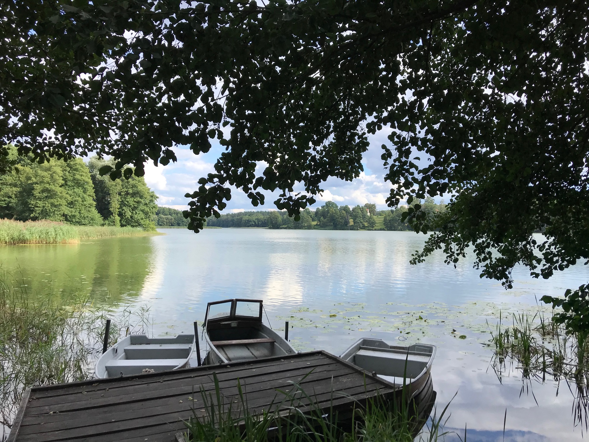 Jezioro z pomostem i łódkami
