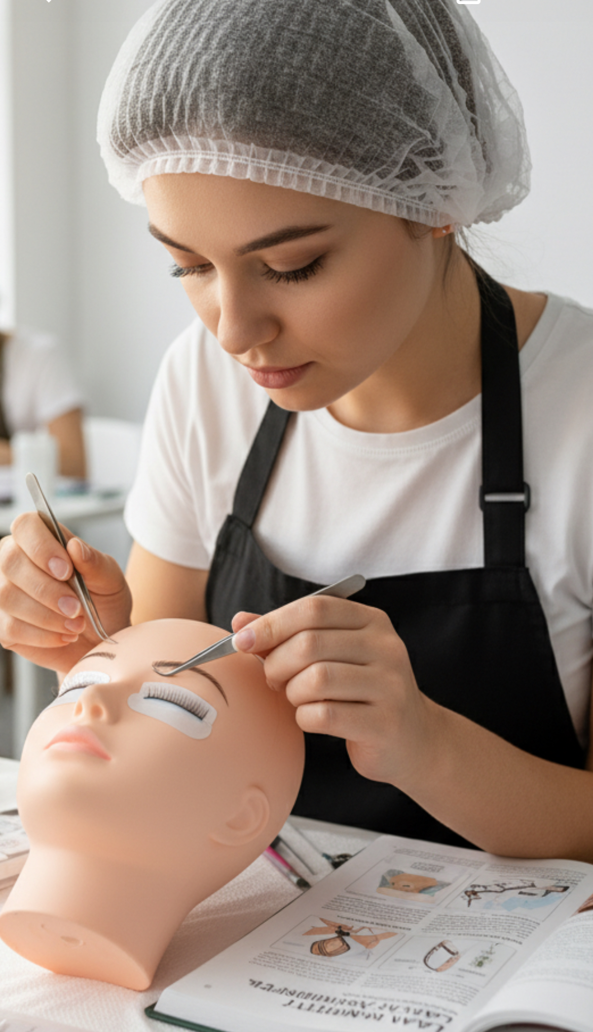 Lash technician training with mannequin head - professional lash application practice
