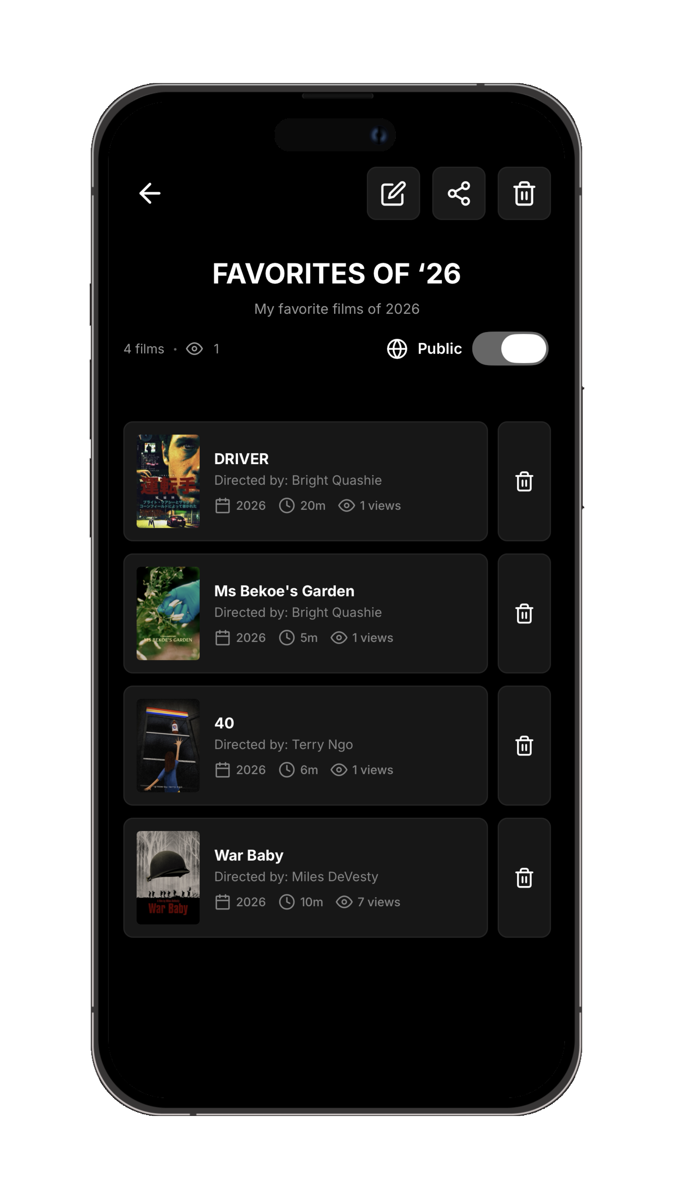 Phintch watchlist screen showing a custom film collection