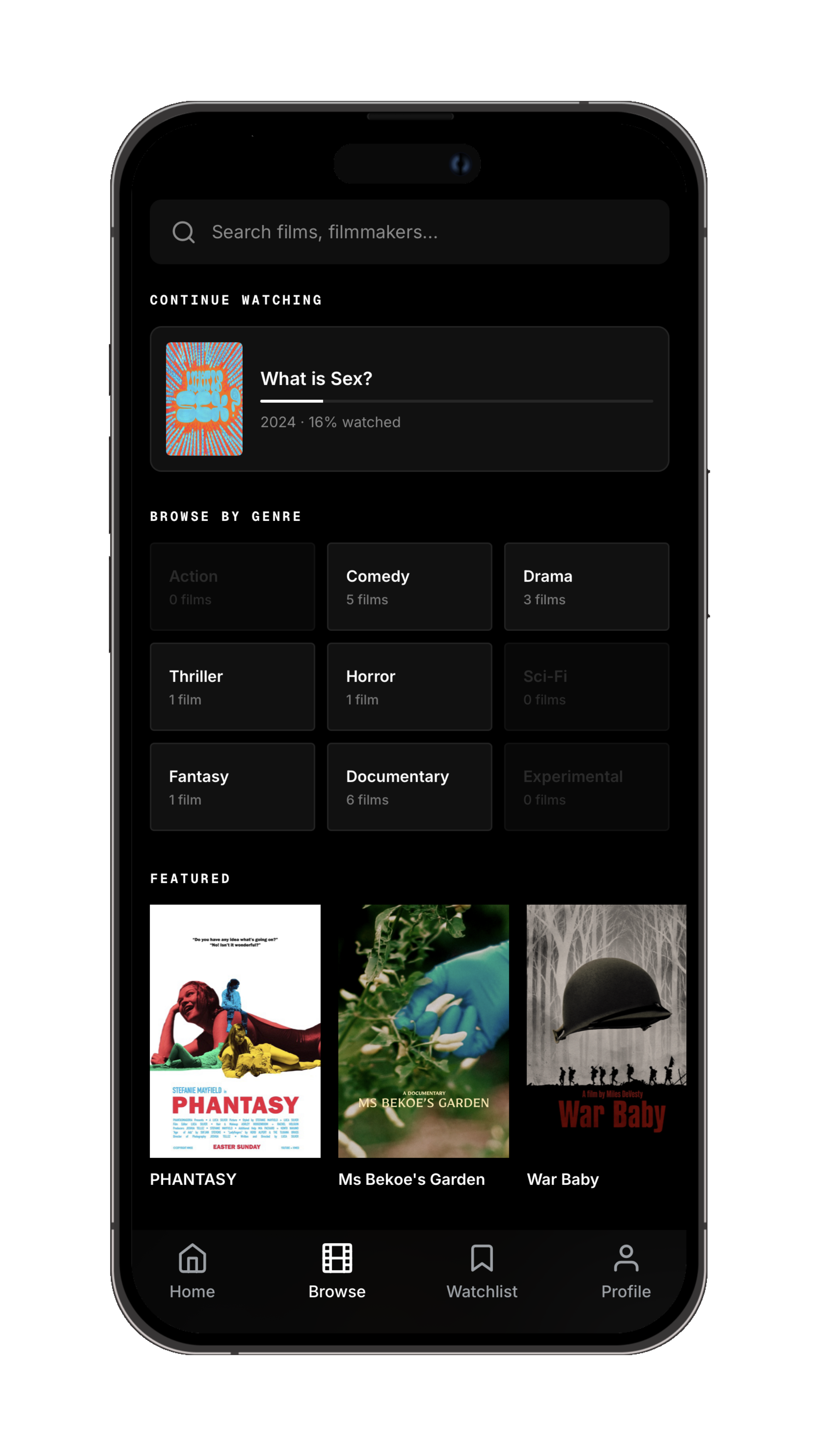 Phintch browse screen with genre categories