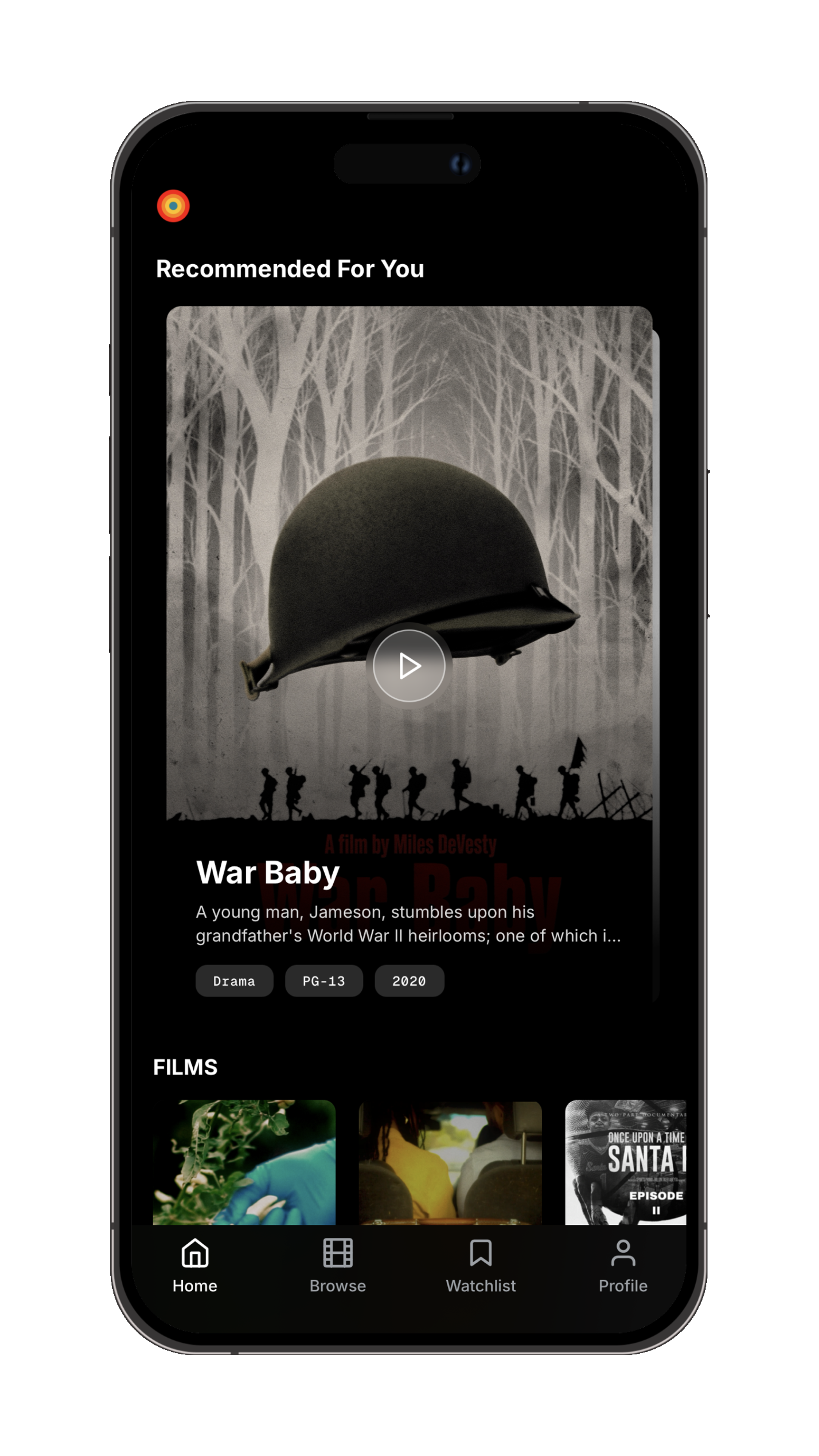 Phintch home screen showing a recommended film