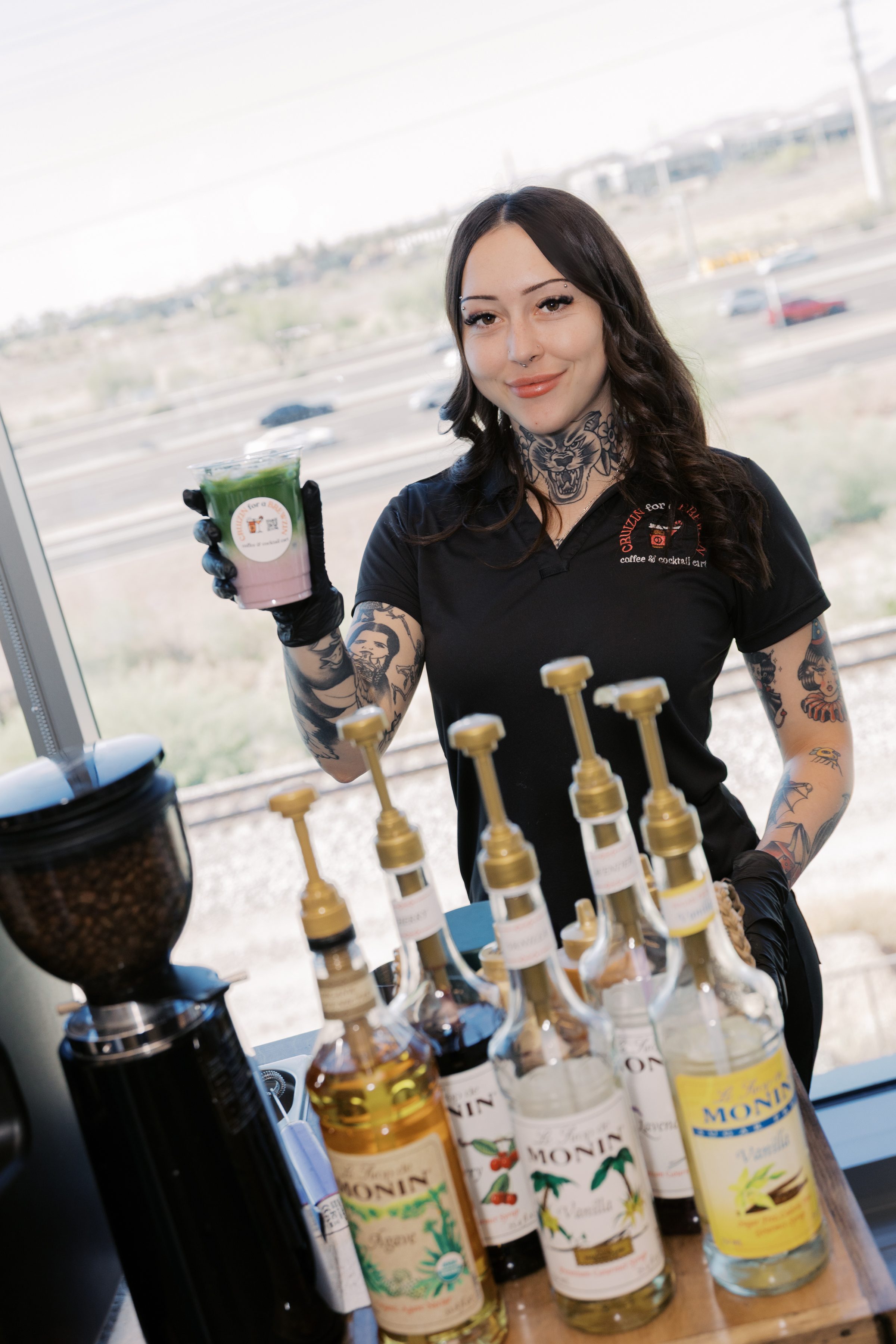 Professional barista Phoenix mobile coffee cart with premium Monin syrups