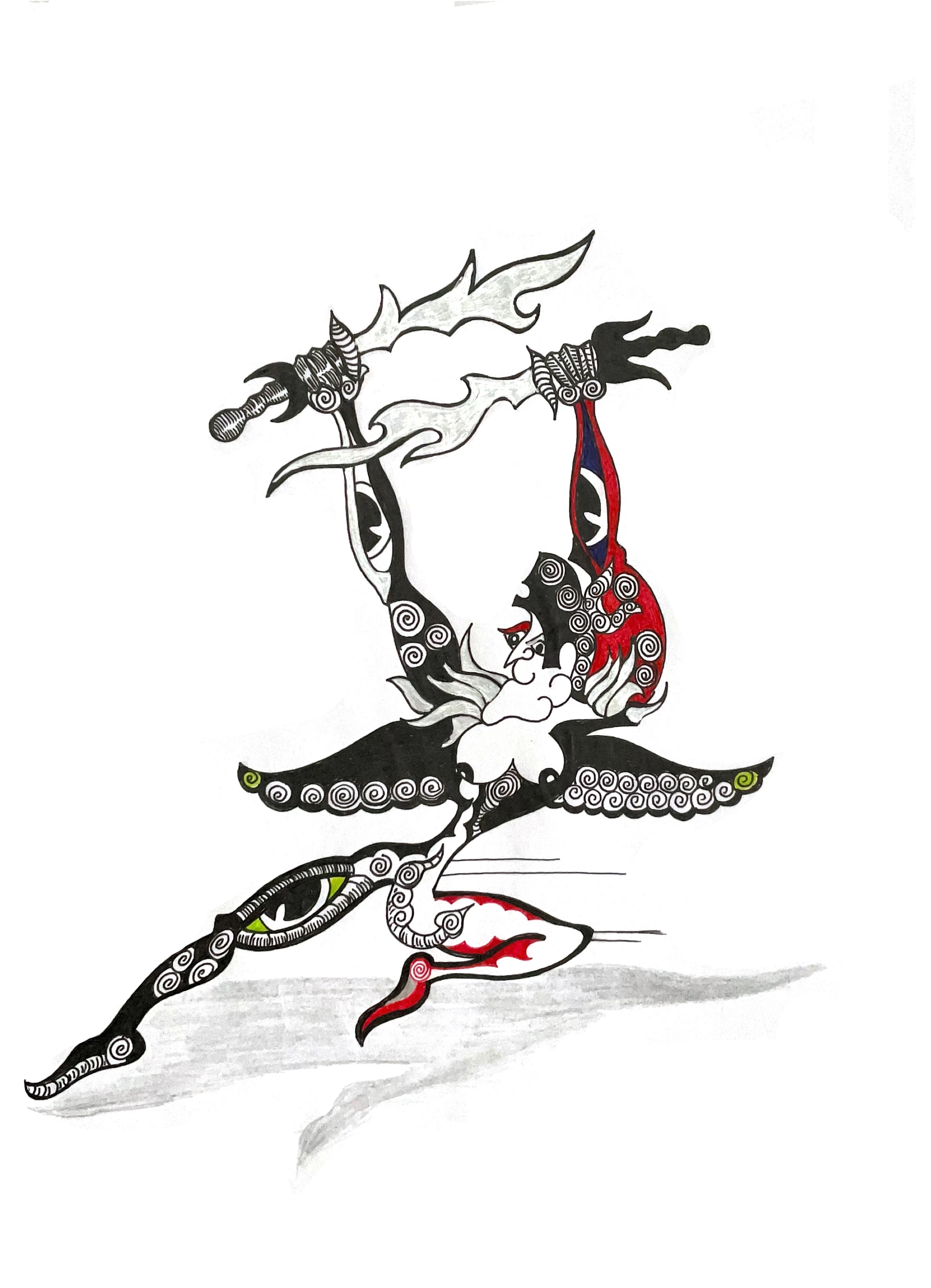 Figure with sword and spiral patterns