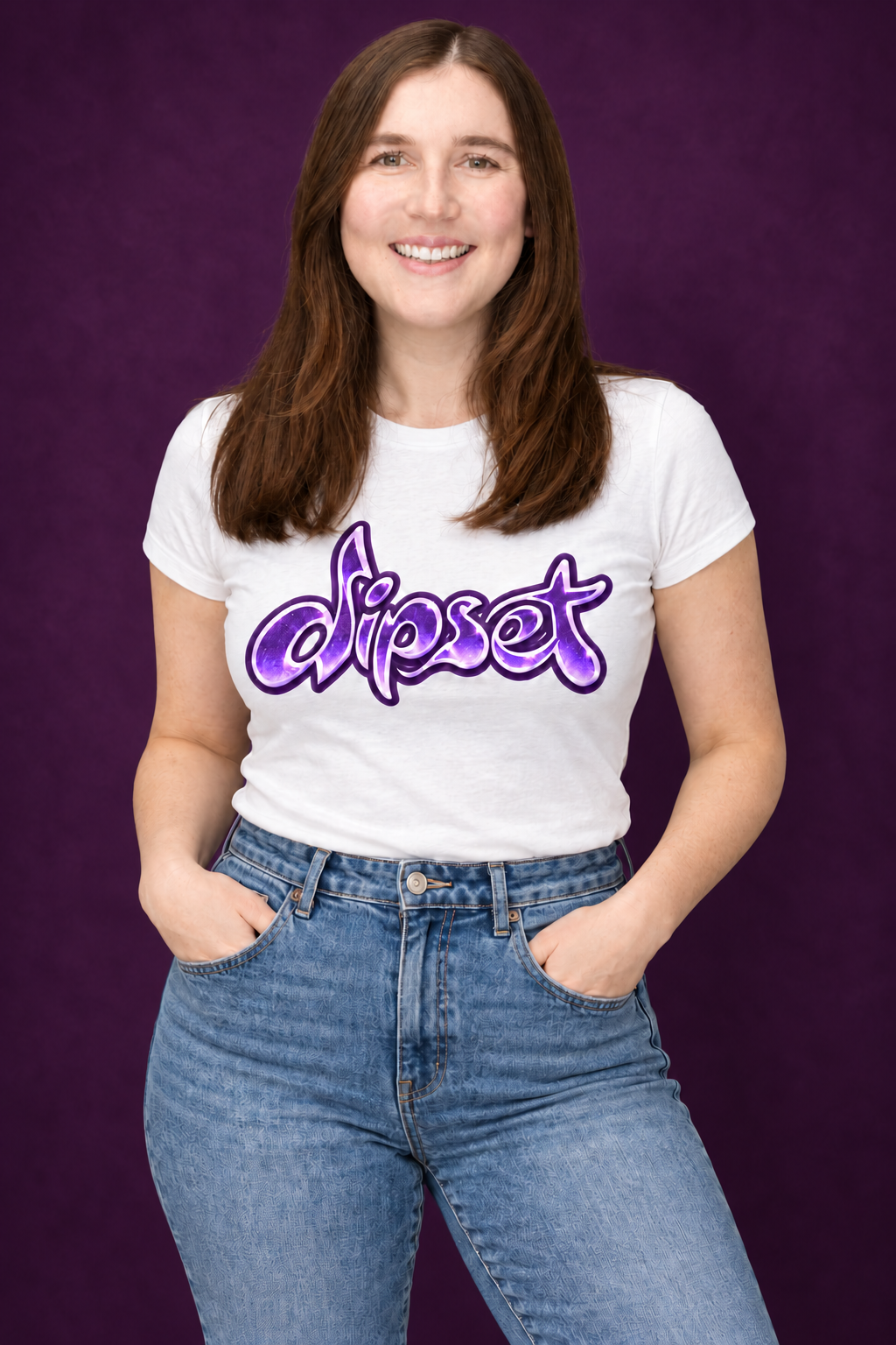 Cristina Moreno wearing a Dipset tee against a plum background