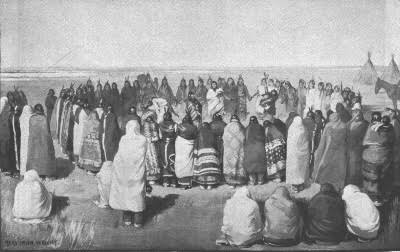 Historical illustration of the Ghost Dance ceremony with Native Americans gathered in a circle on the plains