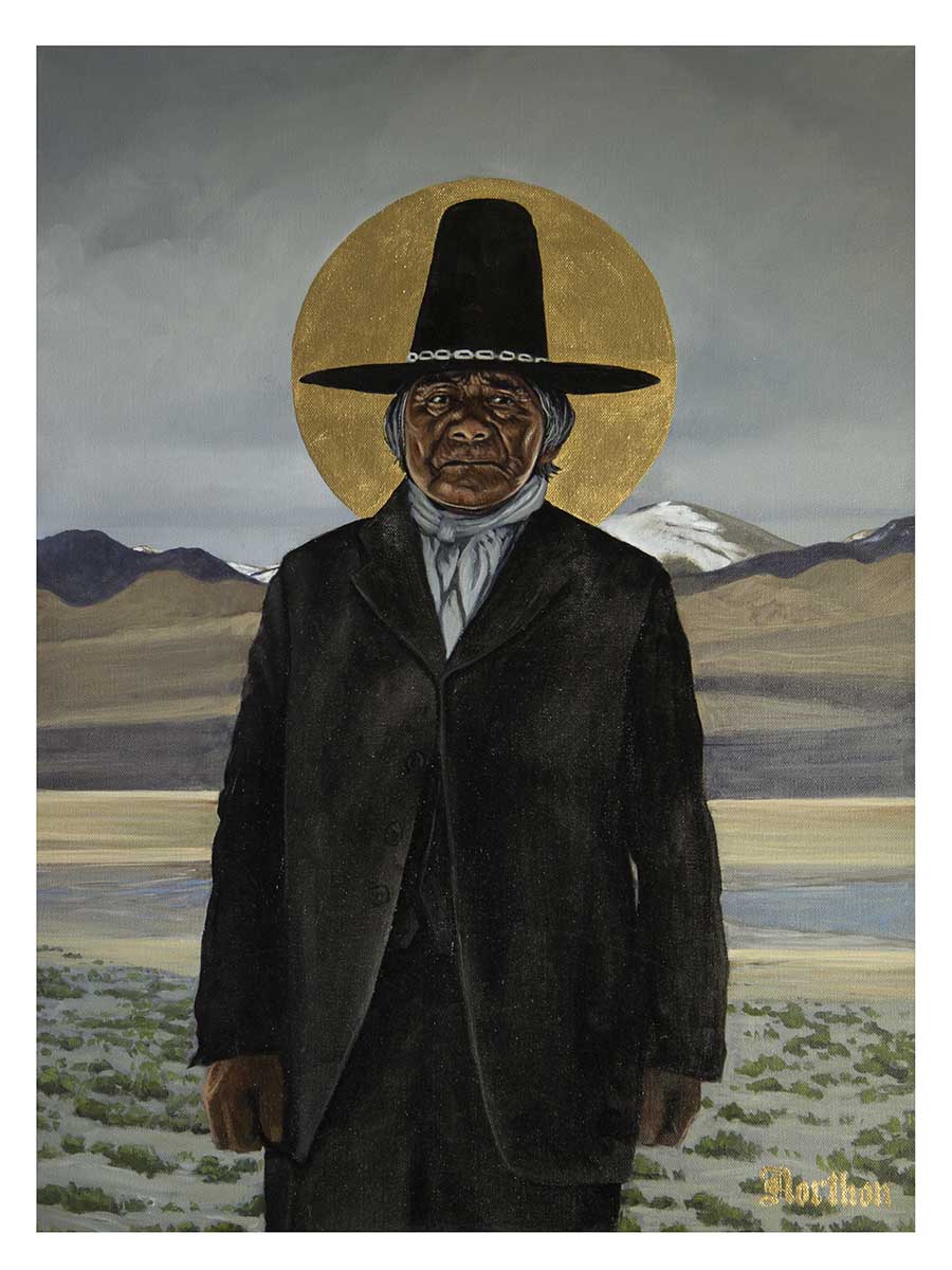 Wovoka, the Paiute prophet who founded the Ghost Dance movement, painted with a golden halo