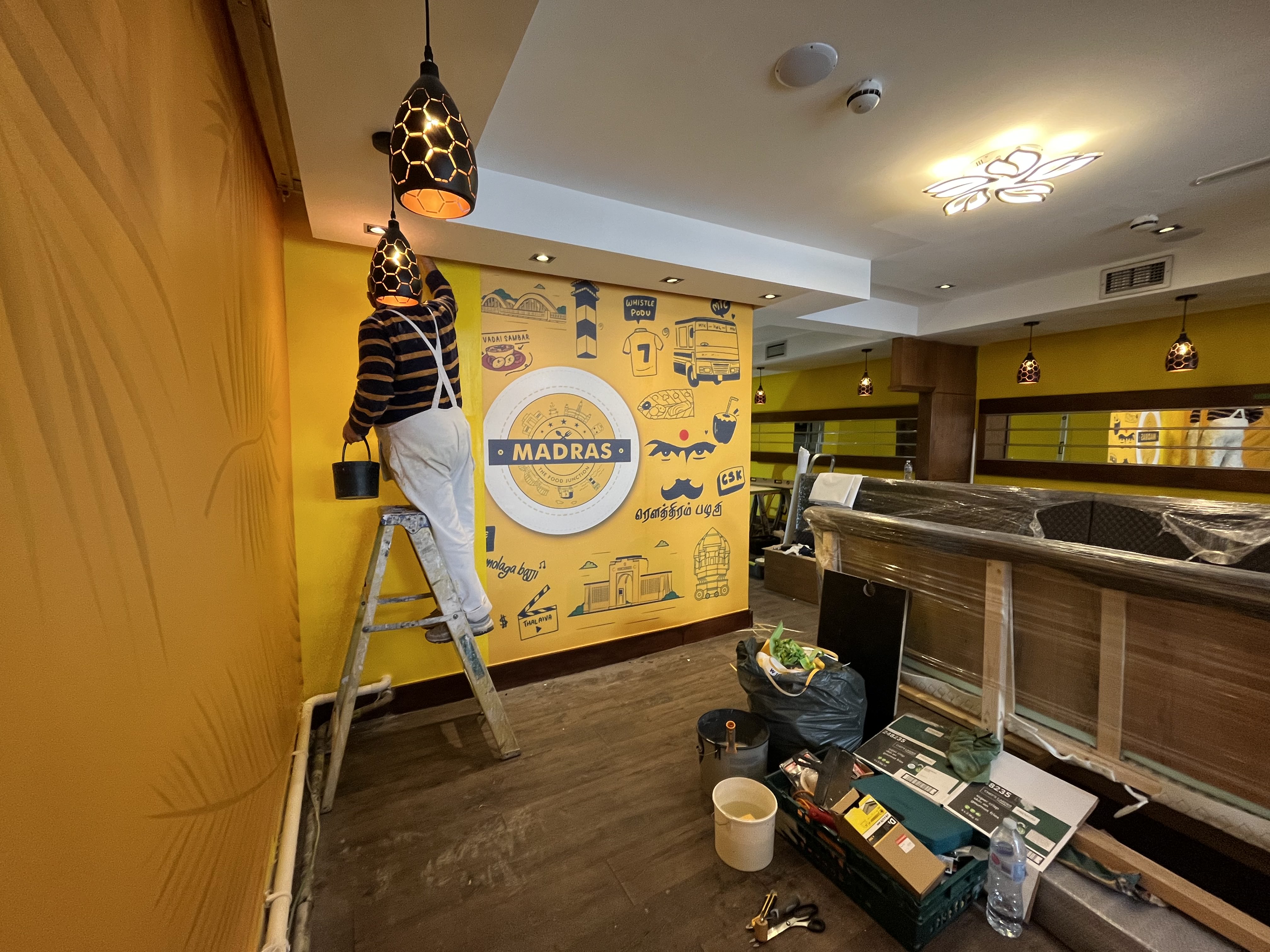 Restaurant interior with copper pendant lights