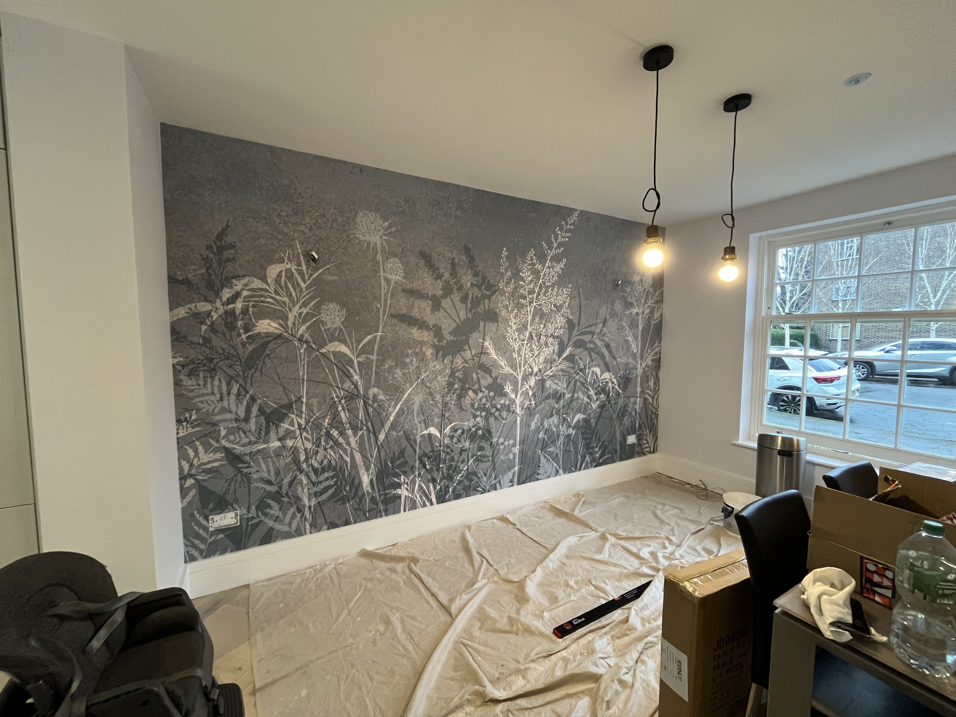 Completed botanical meadow mural in sitting room