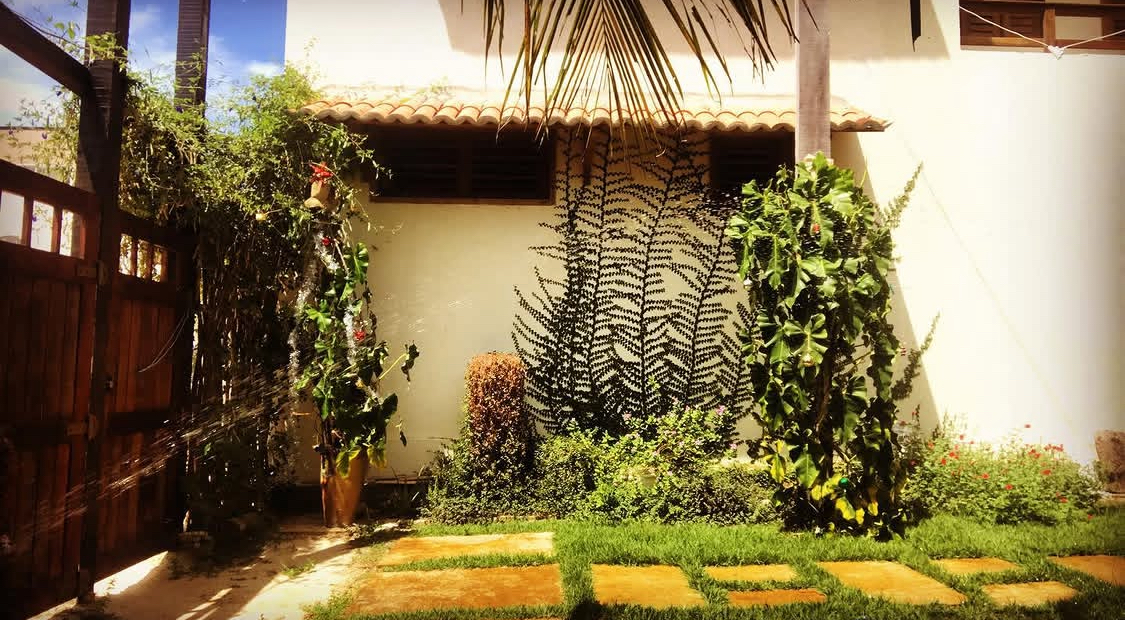 Jardim tropical com caminho de pedra