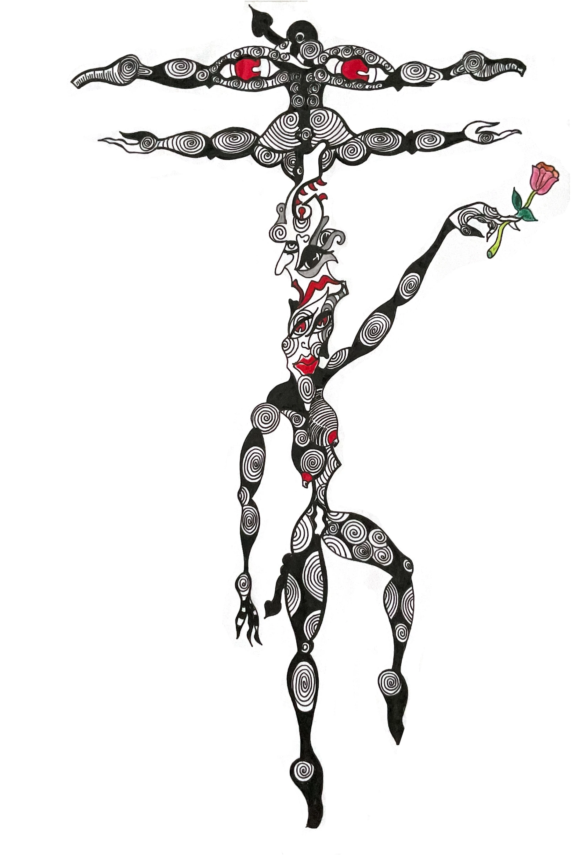 Figure with spiral patterns holding a flower