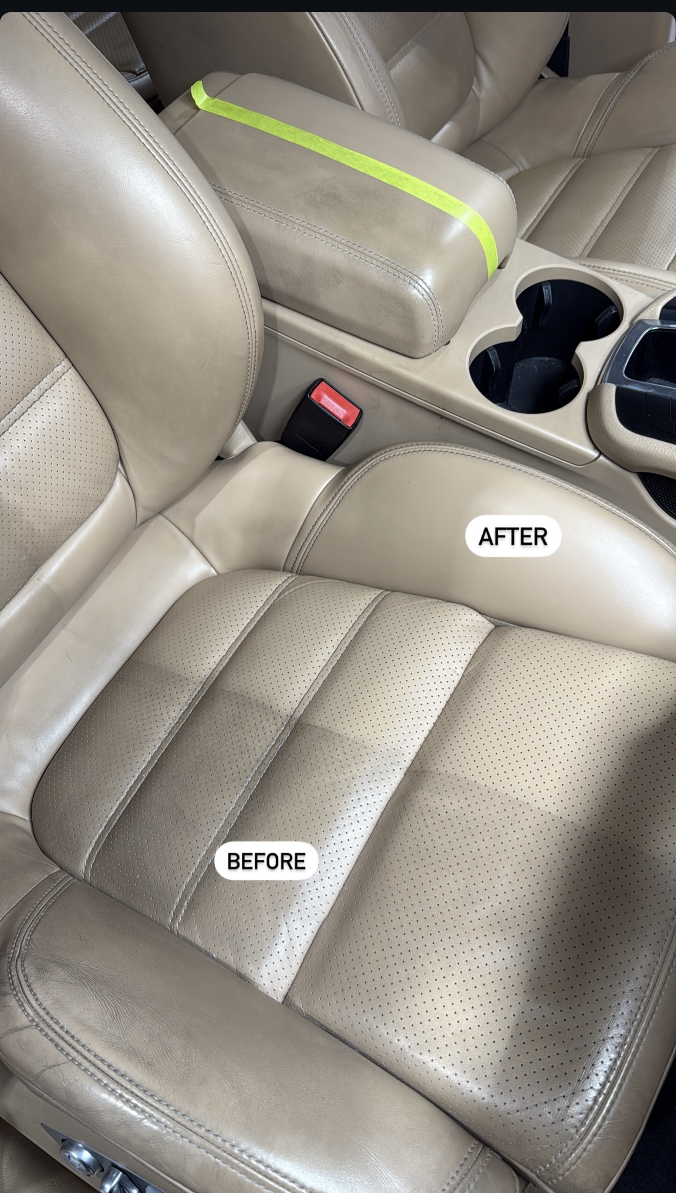 Cream car interior with surface wear and fading on the seat — example of mild leather damage in Canberra