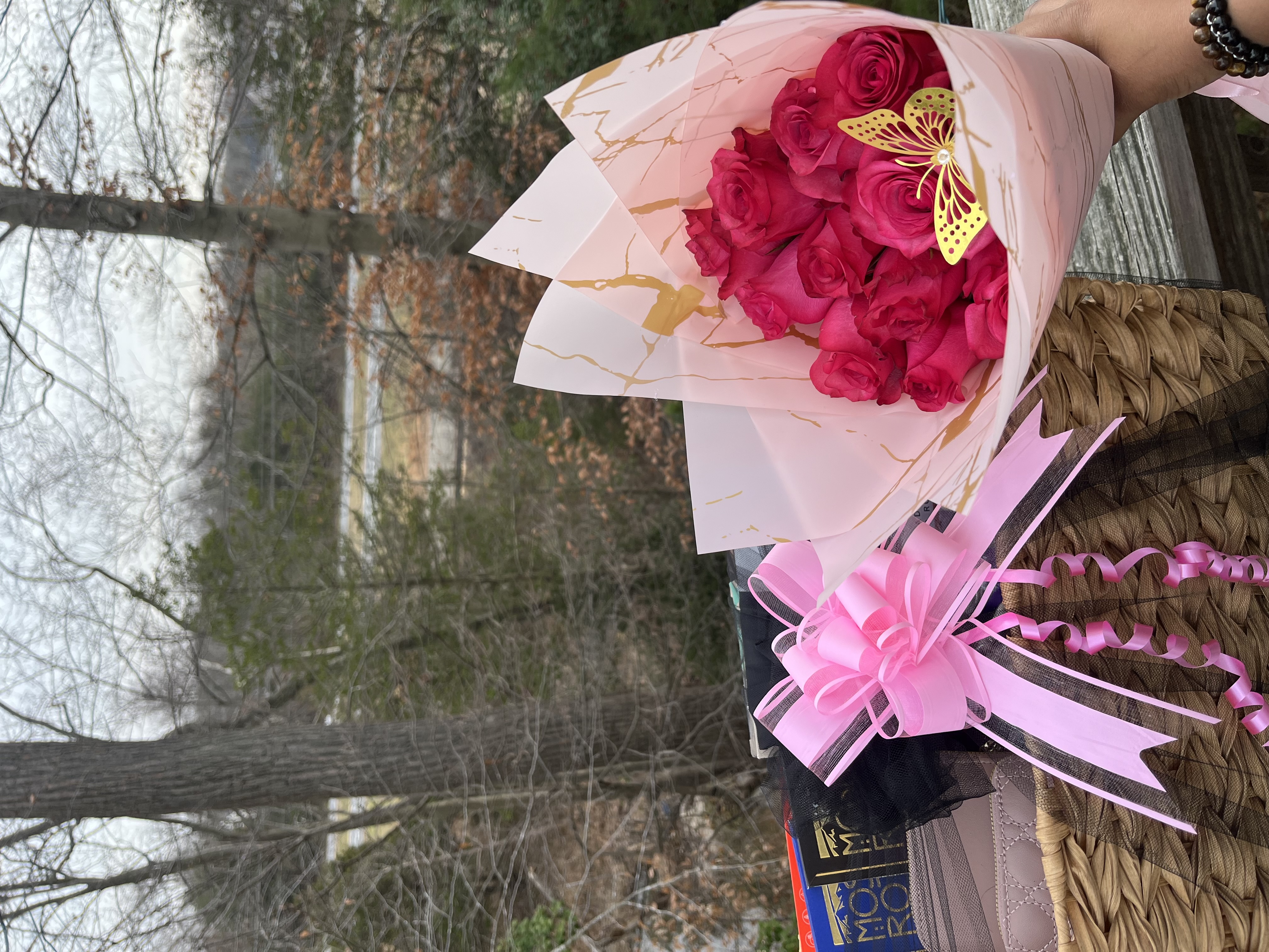 Red roses with gift basket