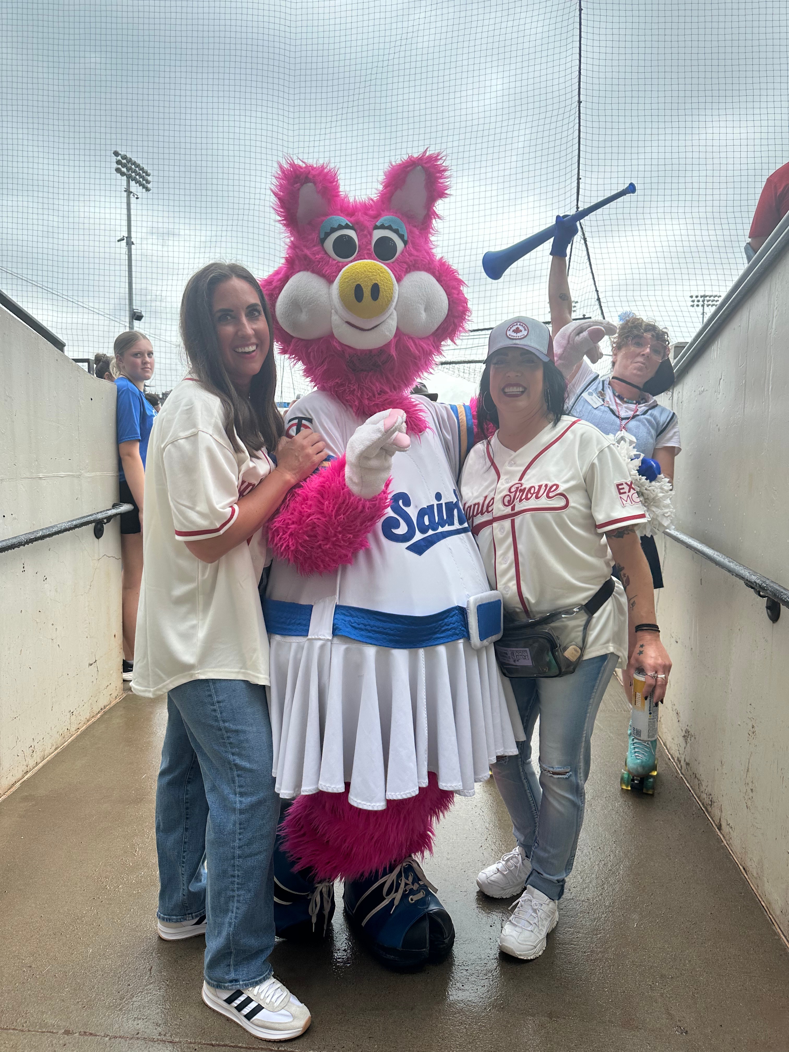 Rachelle at Saints baseball game with mascot