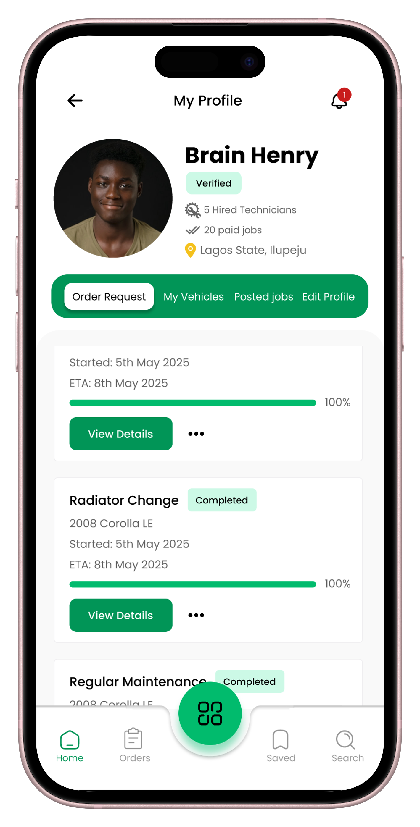 CocheFix app profile screen showing completed job order history
