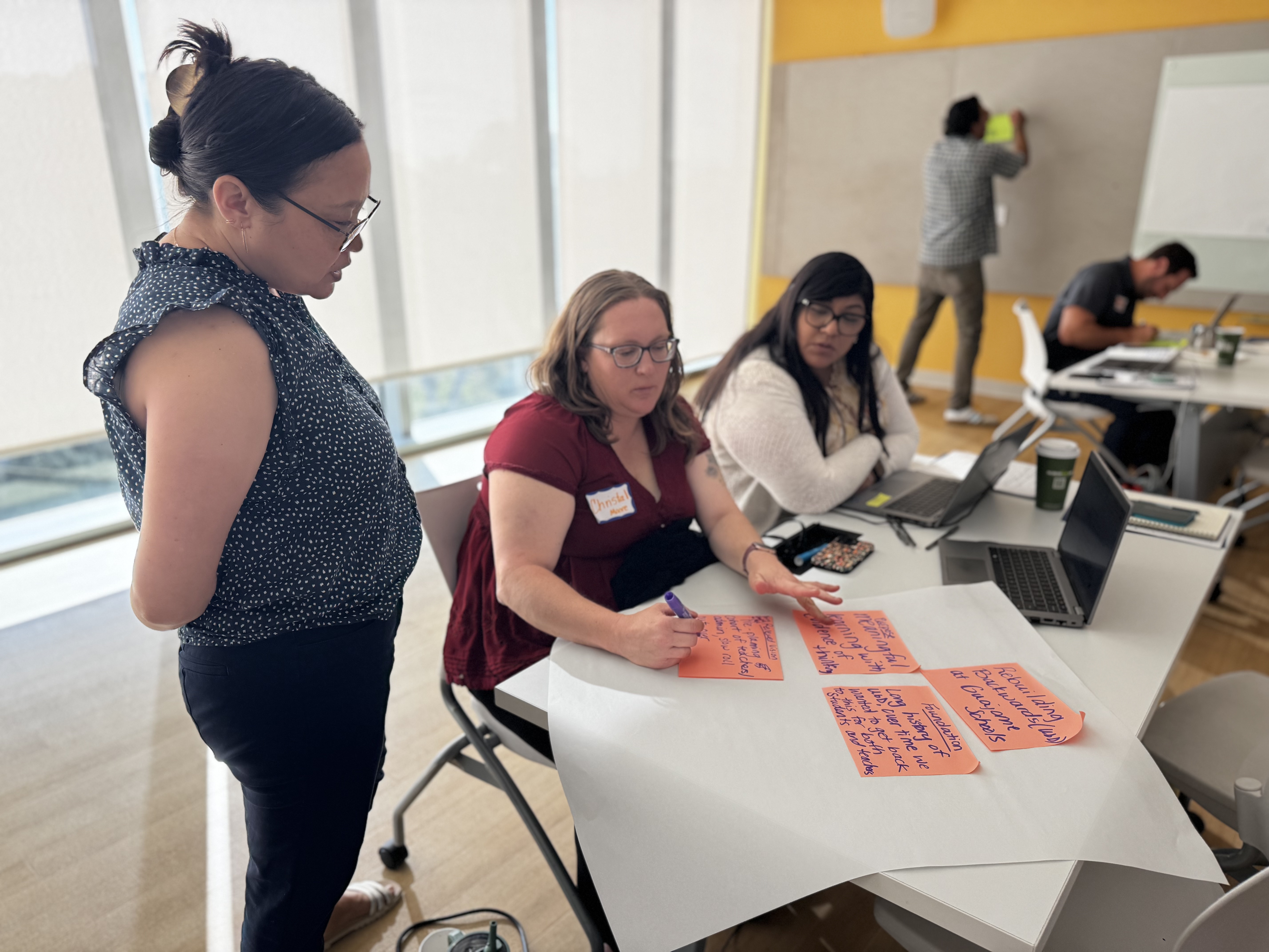 Guajome educators collaborating with orange sticky notes during planning session