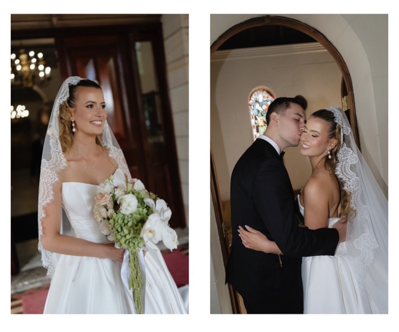 Bride with lace veil in church setting