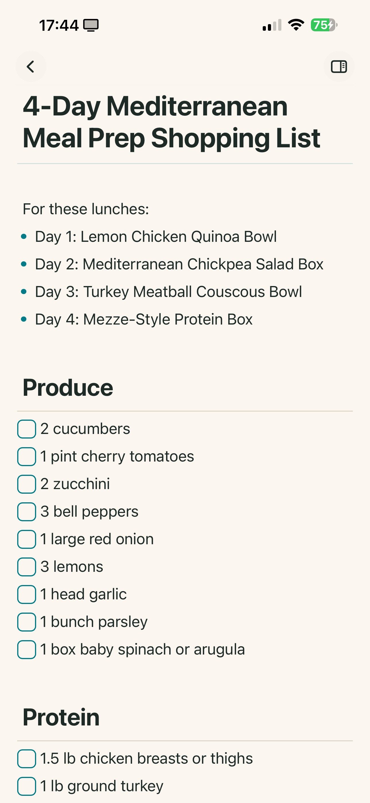 Meal prep shopping list with organized produce and protein sections