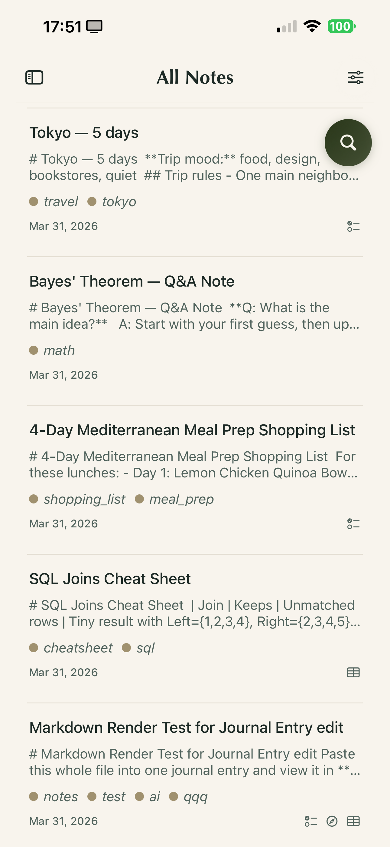 All Notes library showing multiple saved journal entries