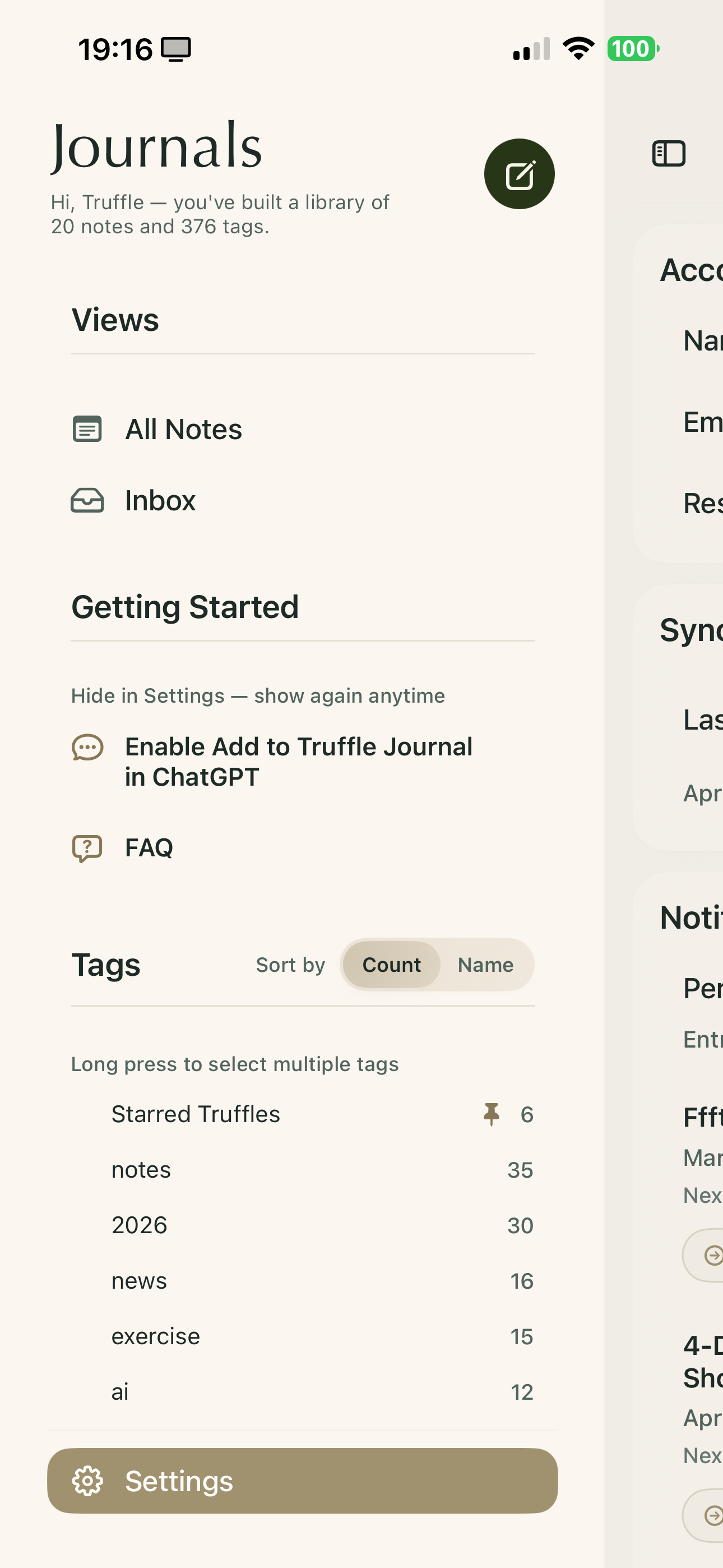 Journals drawer showing tags and organization