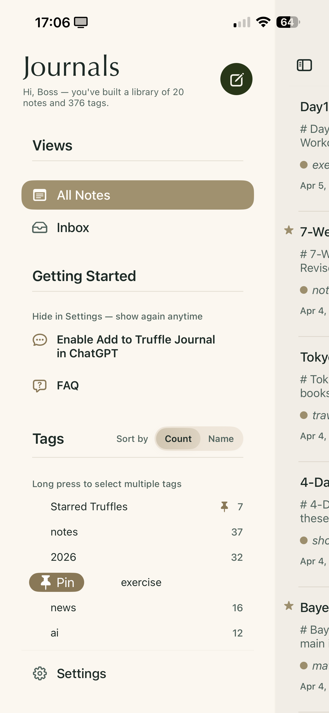 Journals sidebar showing tags panel with pinned Starred Truffles tag
