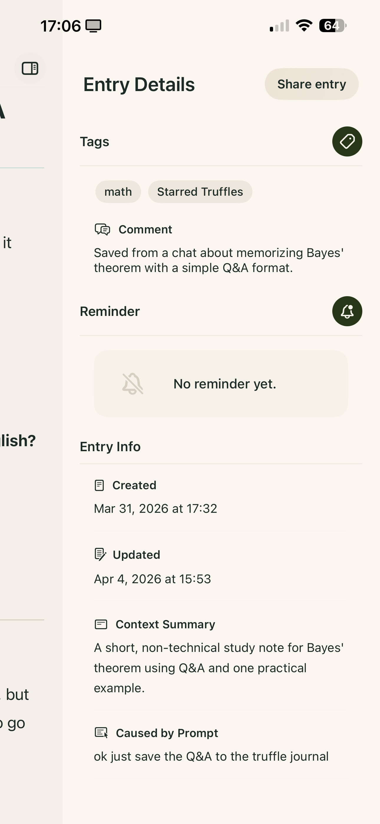 Entry Details showing tags, comment, reminder, and context summary