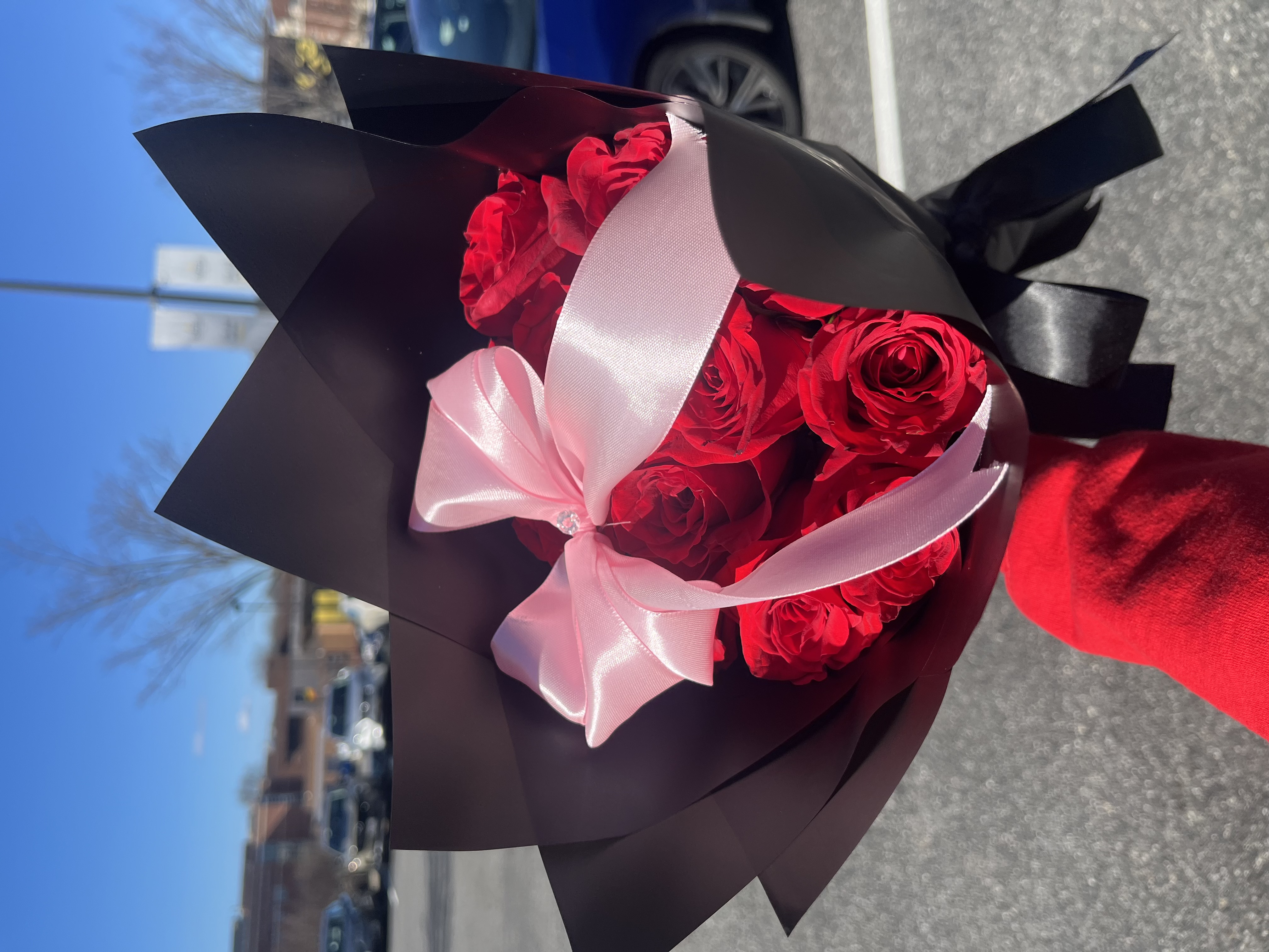 Red roses in black wrapping with pink bow